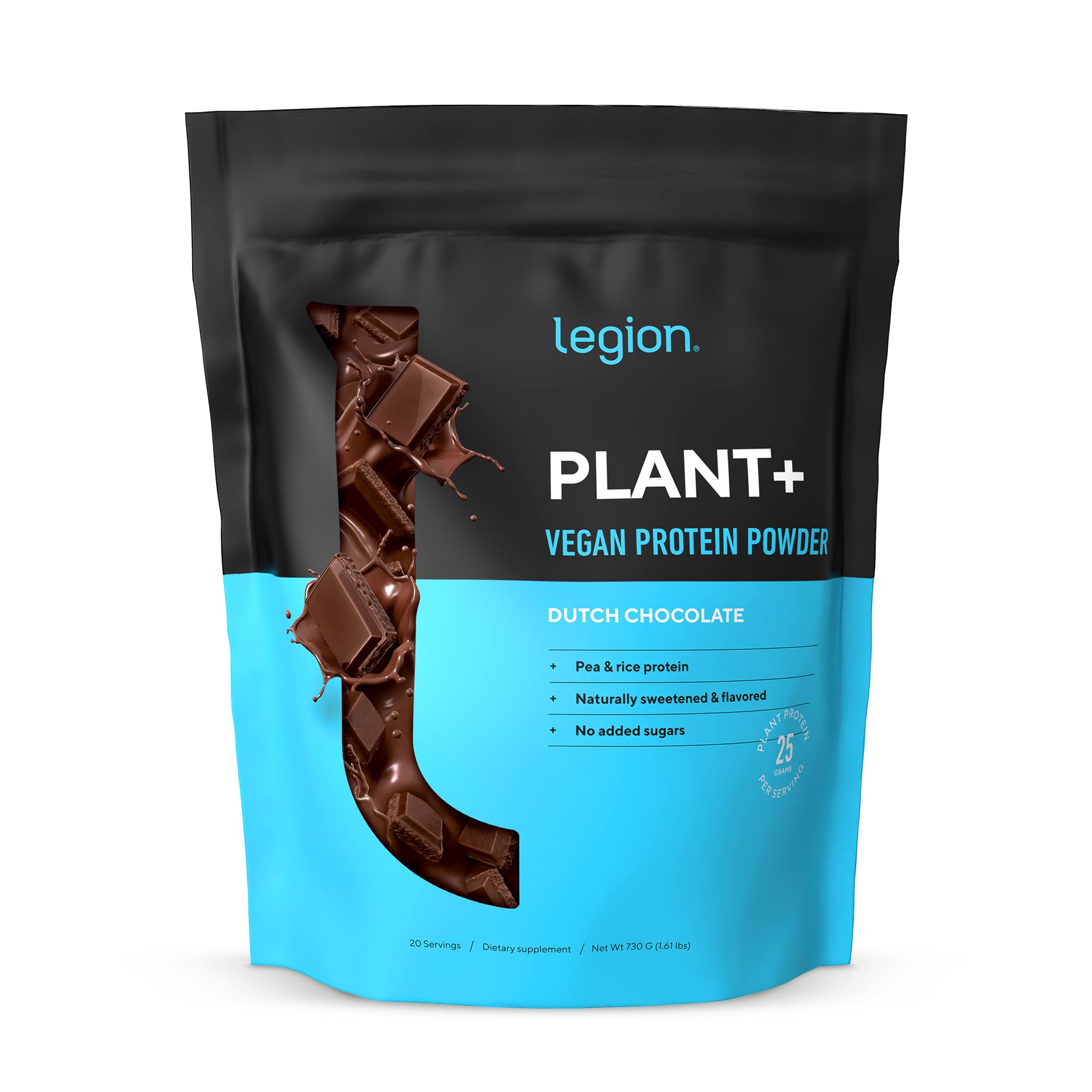 Legion Plant+ Vegan Protein Powder - Chocolate Flavor, Rice & Pea Plant-Based Protein Blend | Gluten Free, Non-GMO, Naturally Sweetened | 20 Servings (1.61 Lbs) | Perfect for Post-Workout Recovery & Healthy Smoothies