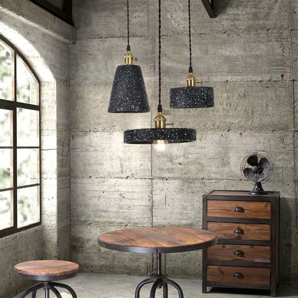 STUFY Modern Round Terrazzo Pendant Light - 8.2 Inch Black Cement Hanging Lamp, Nordic Industrial Single Head Chandelier for Bedroom, Kitchen, Restaurant | Perfect for Dining Room Lighting, Kitchen Island Illumination, and Bedside Ambience