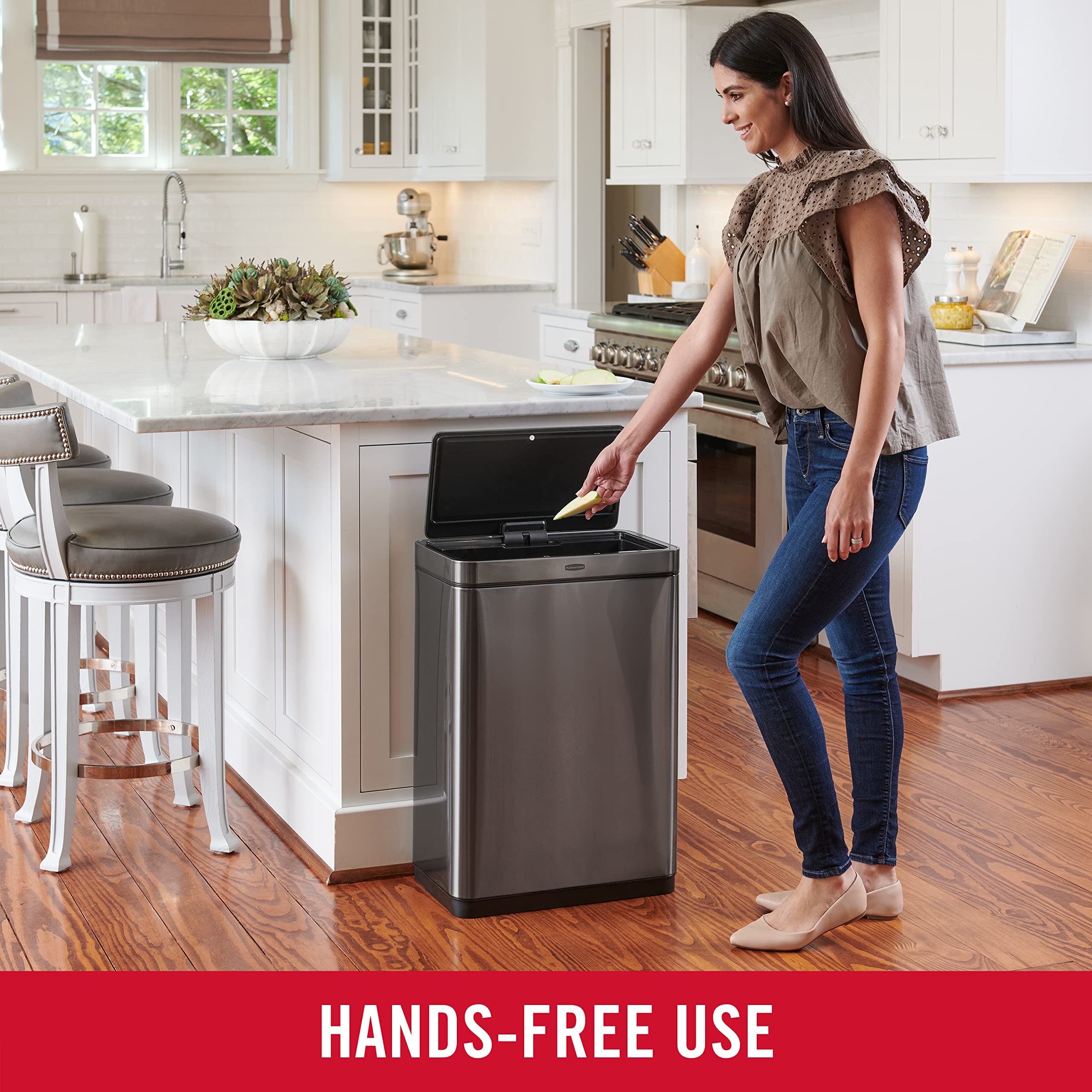 Rubbermaid Elite 12.4 Gallon Stainless Steel Sensor Trash Can with Batteries Included - Charcoal | Automatic Motion Sensor for Kitchen, Home, Office, Hotel & Lobby | Odor Control & Hands-Free Convenience