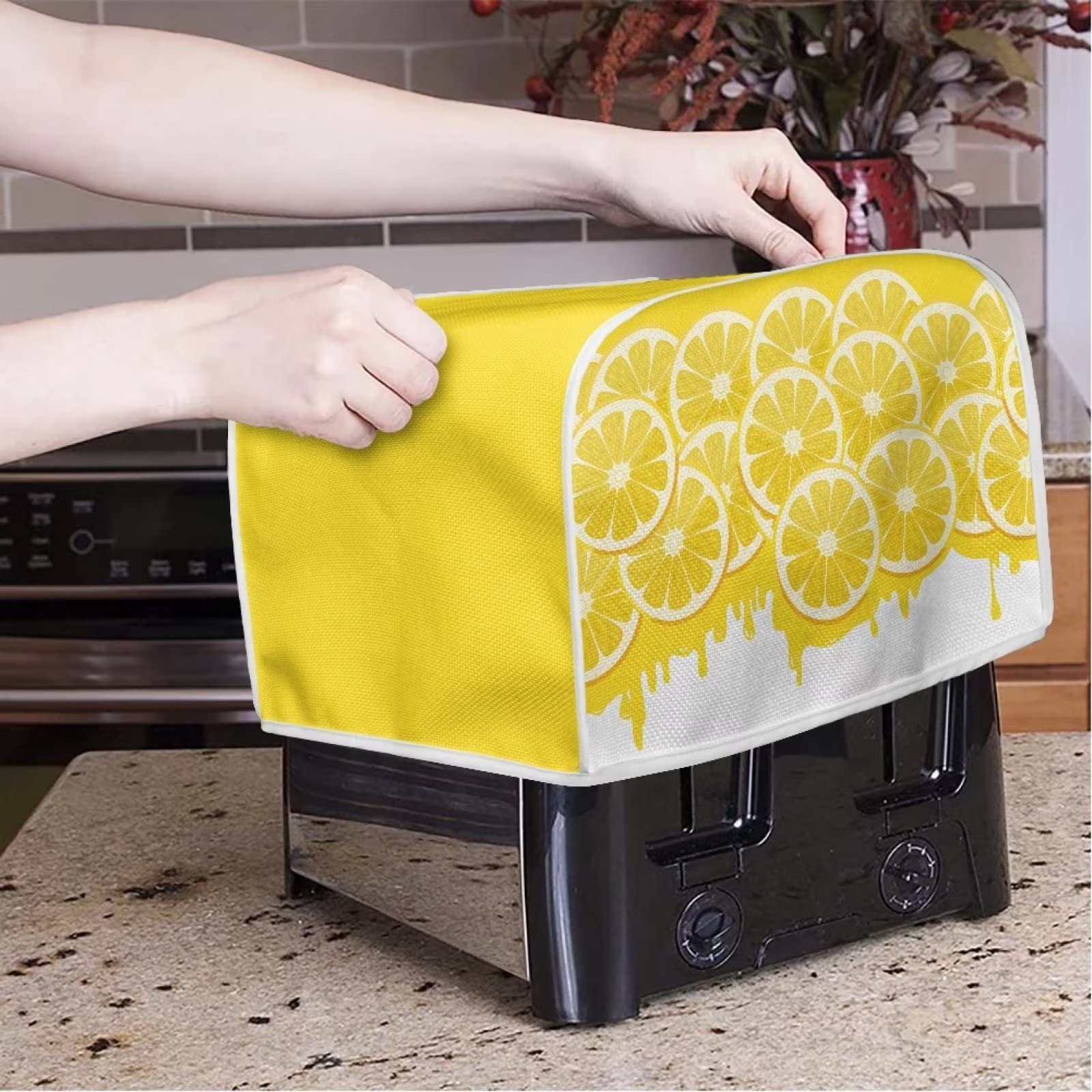 Chaqlin 2 Slice Toaster Oven Cover with Yellow Lemon Design - Heat Resistant Appliance Protector for Kitchen, Dorm, RV - Includes Carrying Bag for Easy Storage & Travel