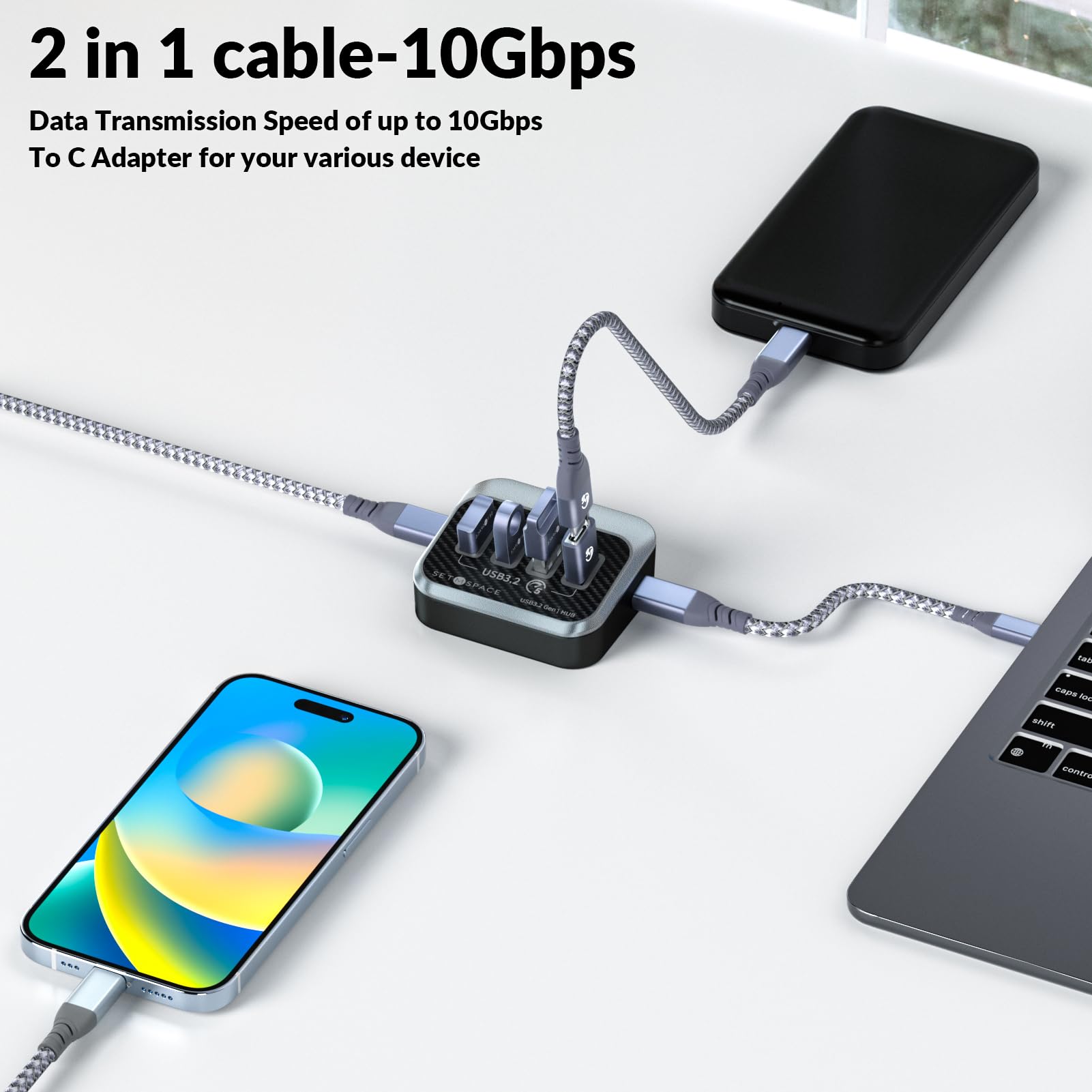 SETMSPACE USB 3.0 Hub 5Gbps - 2-in-1 Cable for Laptop, PC, MacBook - Home & Office Use