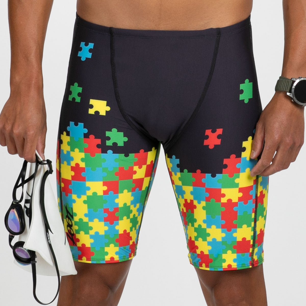 Men's Swim Jammer with Autism Puzzle Design - Quick Dry Competitive Swimwear for Training & Racing | Ideal for Pool, Beach & Water Sports