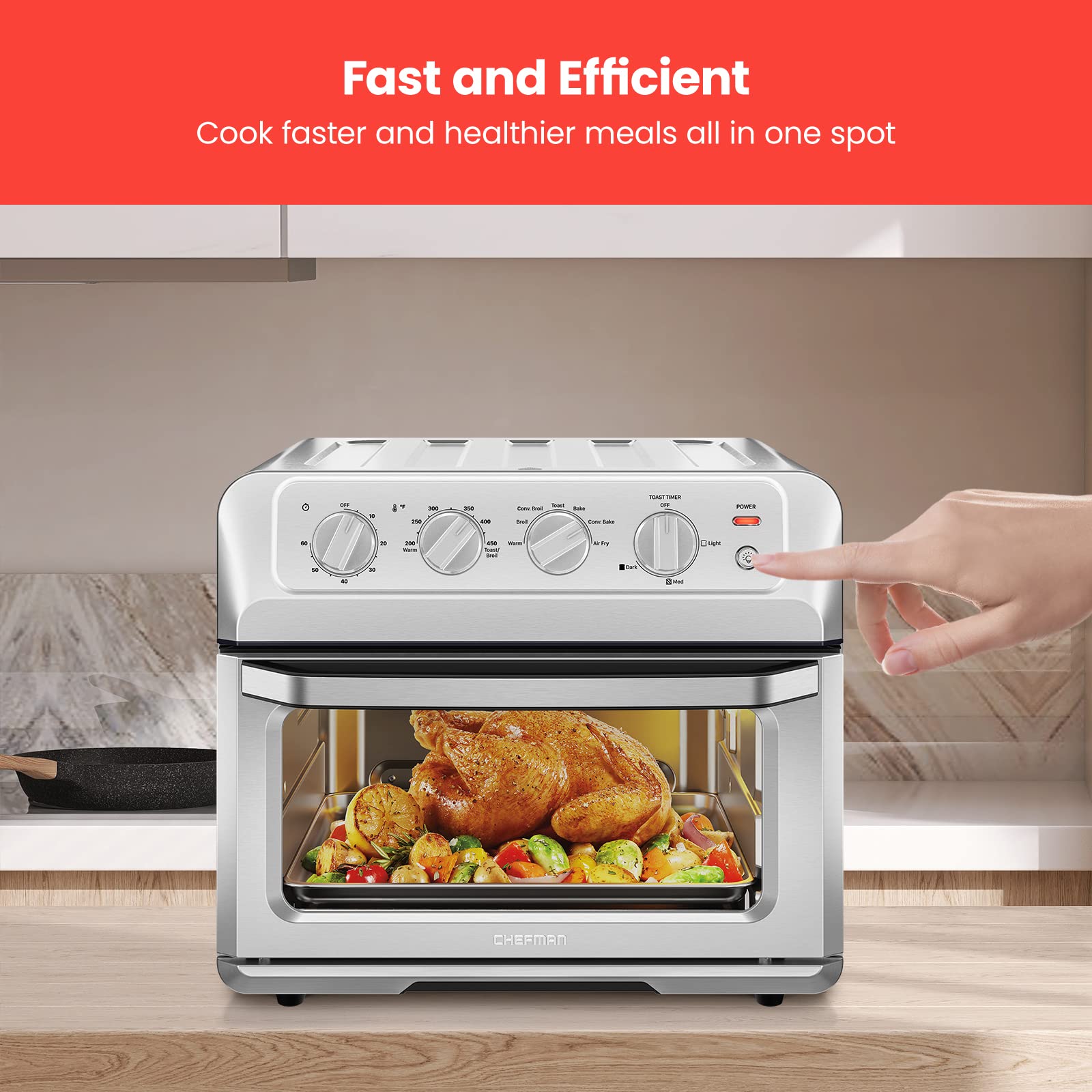 Chefman 7-in-1 Air Fryer Toaster Oven Combo | 20QT Countertop Convection Oven | Cook Pizza, Air Fry Chicken Wings, Toast, Broil | Auto Shutoff & Stainless Steel Design | Perfect for Small Kitchens, Dorms & Quick Meals
