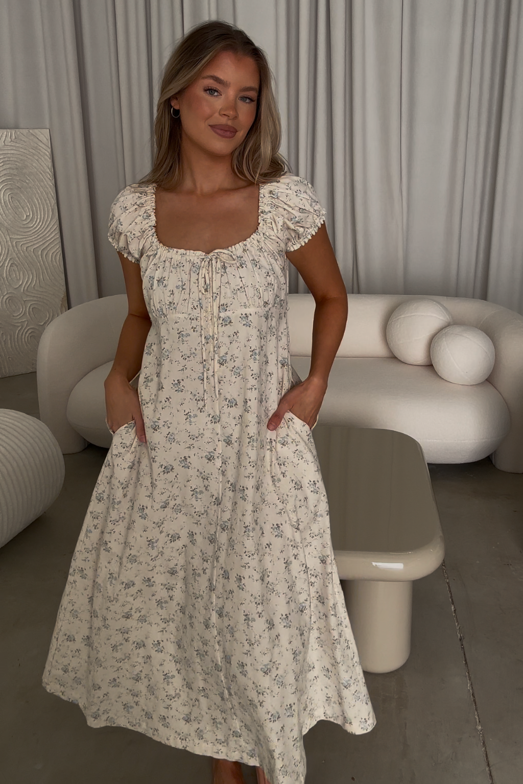 Marley 100% Cotton Midi Dress - Ivory & Blue Floral Print | Bump Friendly Maternity Dress | Perfect for Baby Showers, Brunch & Summer Outings