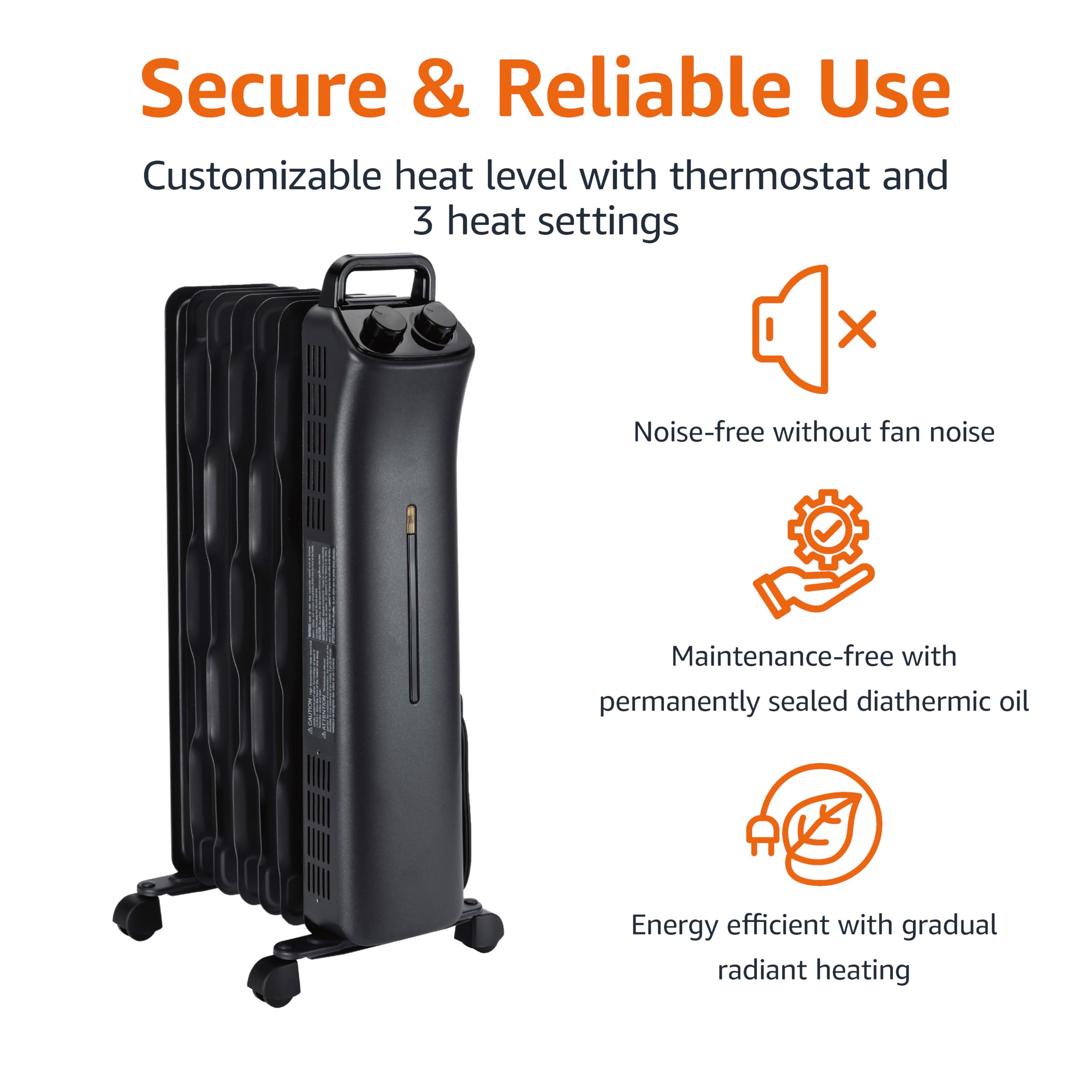 Amazon Basics 1500W Oil Filled Radiator Heater - Portable Space Heater with 7 Oil-Filled Fins, 3 Heat Settings & Thermostat - Tip-Over Protection & ETL Certified - Manual Control Indoor Heater for Bedroom, Office, Living Room - Black
