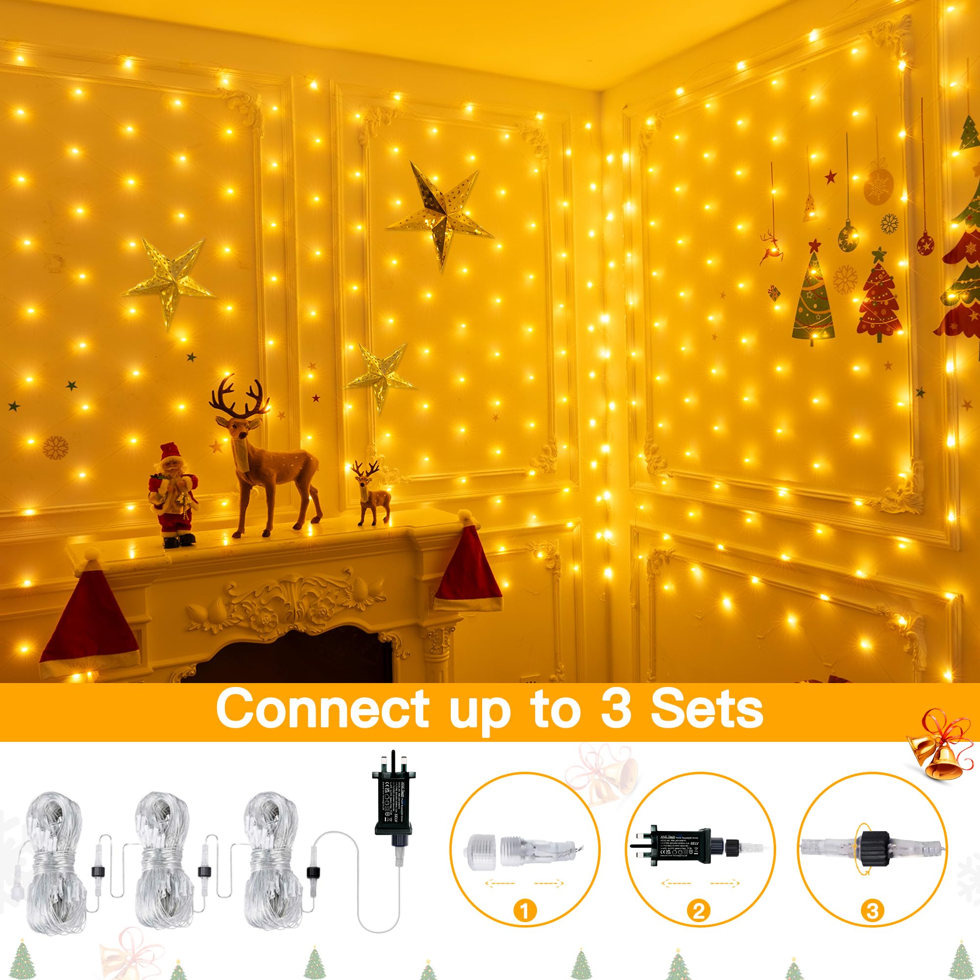 Ollny 200 LED 3m x 2m Waterproof Mesh Fairy Lights with 8 Modes & Timer - Indoor/Outdoor String Lights for Christmas Tree, Garden, Window, Curtain Decor - Warm White - Perfect for Holiday, Wedding, and Party Lighting