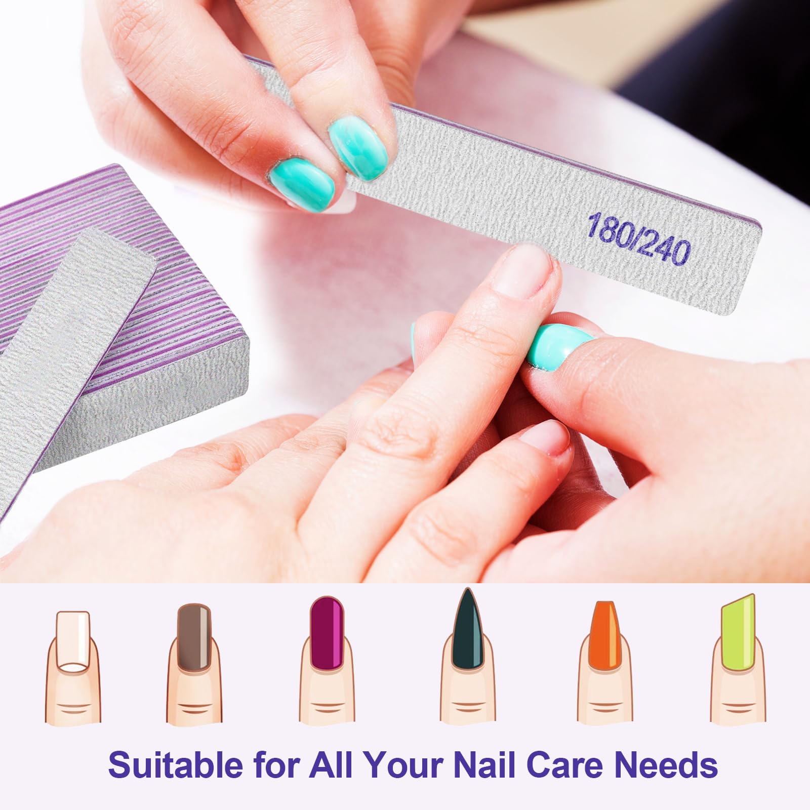 Professional 12-Pack Nail Files - 180/240 Grit Double Sided Emery Boards for Natural & Acrylic Nails - Reusable Manicure Tools for Home & Salon Use