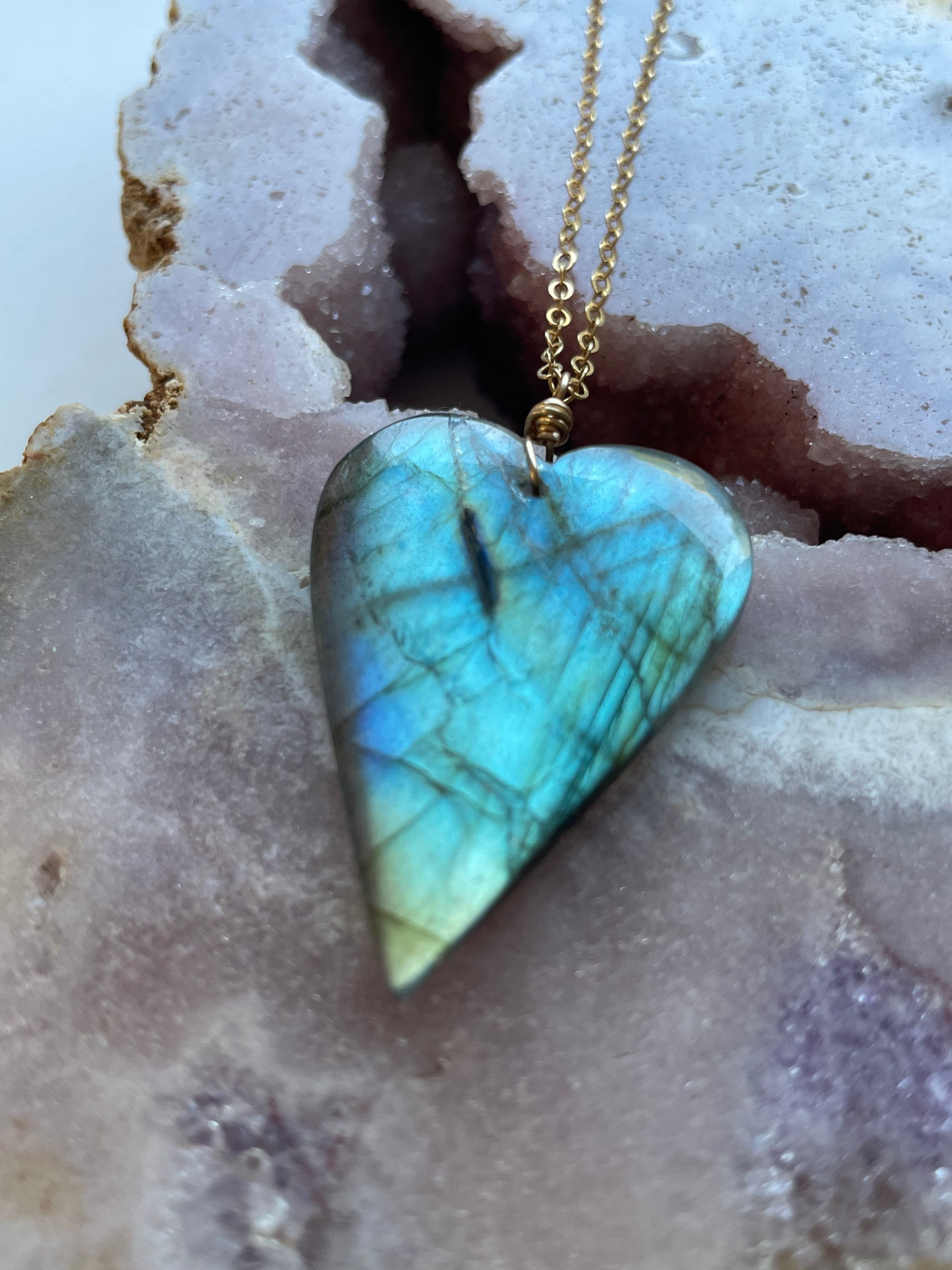 Labradorite Heart Pendant Necklace in Gold - Healing Crystal Jewelry for Women, Spiritual Gift for Meditation & Energy Protection