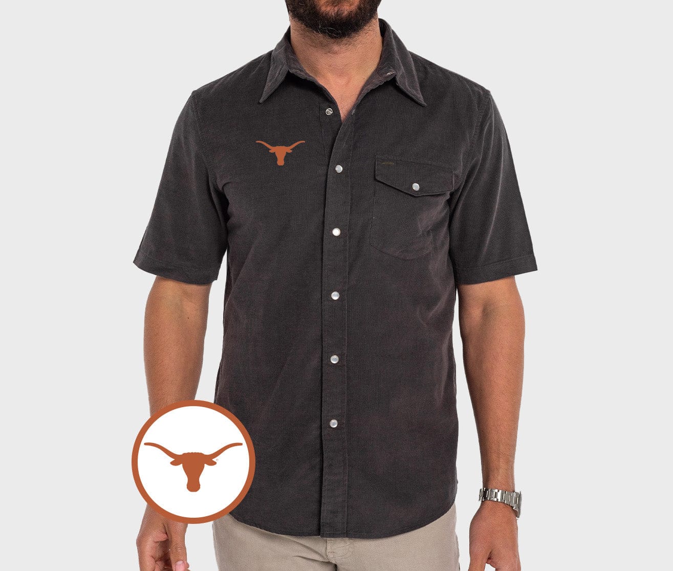 Texas Longhorn Short Sleeve Corduroy Pearl Snap Shirt for Men - Western Style Casual Button Down Shirt in Gray - Perfect for Rodeo, Country Music Festivals & Western Themed Events