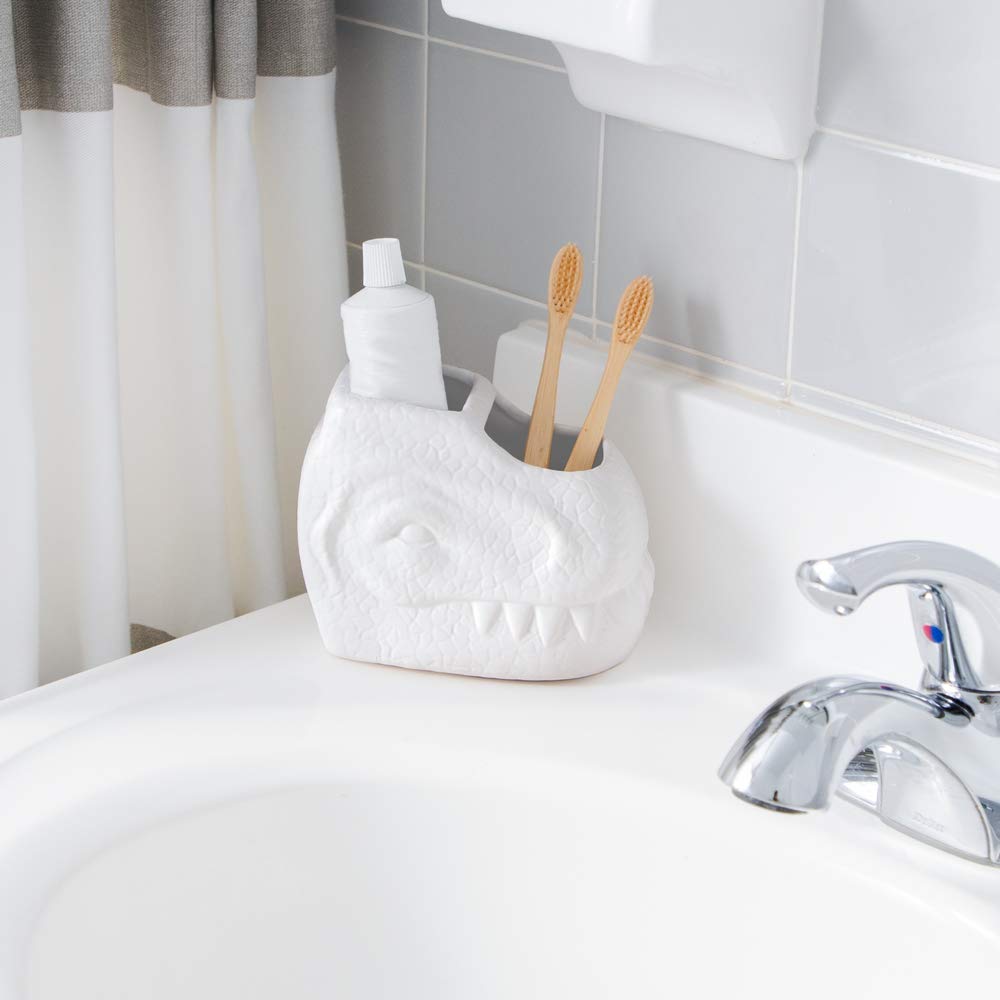 Isaac Jacobs White Ceramic Dinosaur Toothbrush Holder - 2 Compartment Bathroom Organizer for Toothbrushes, Makeup Brushes & Utensils | Stylish Storage for Bathroom Counter, Kitchen, Office Desk & Craft Room | Dinosaur-Themed Home Decor Accessory (White)