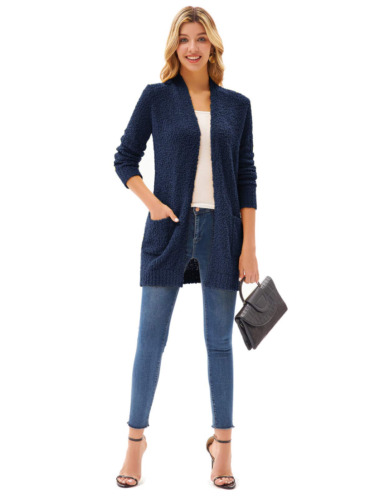 GRACE KARIN Women's Long Fuzzy Cardigan Sweater - Open Front Chunky Knit Coat with Pockets | Perfect for Fall Layering, Office Wear & Casual Outfits
