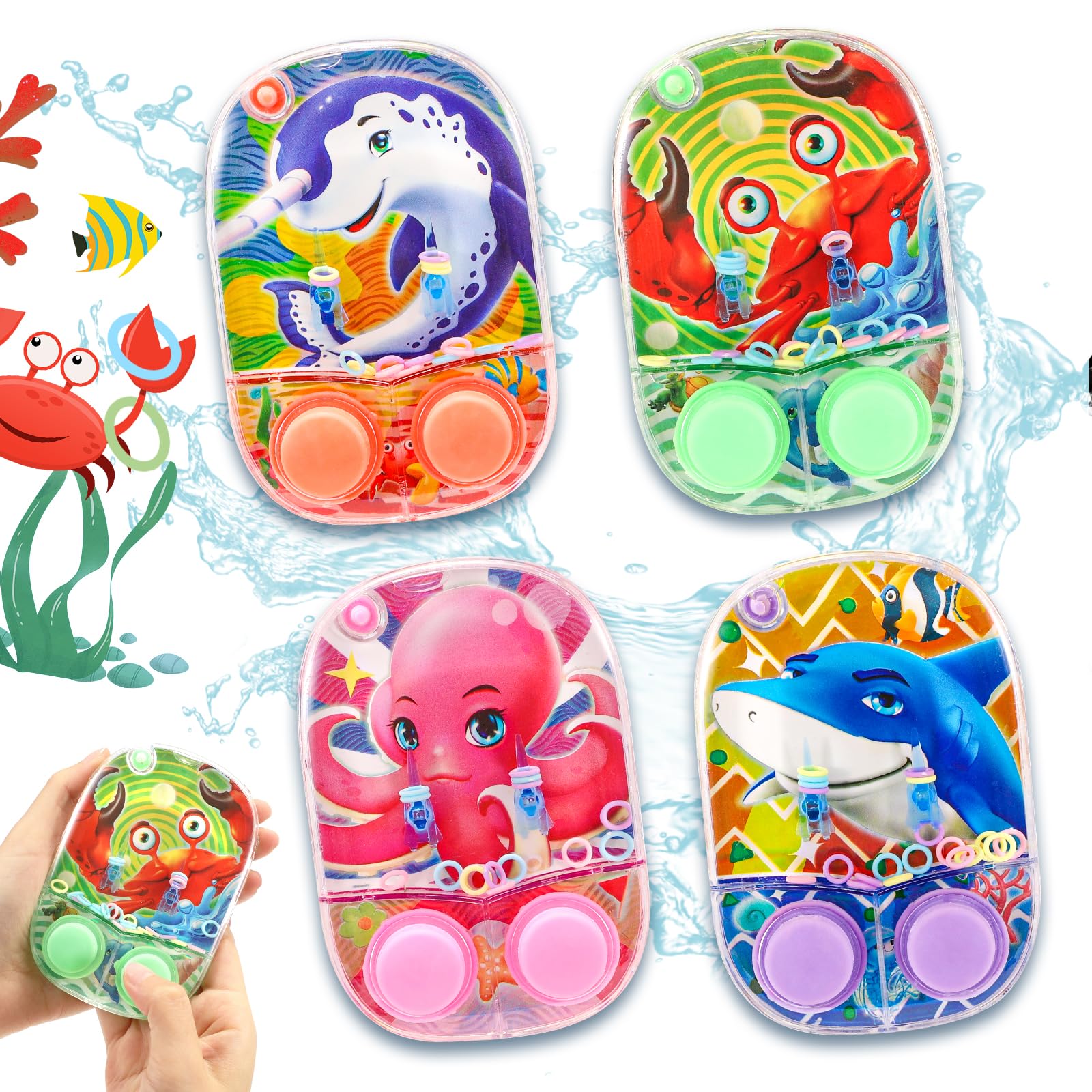 4 Pack Ocean Themed Water Ring Toss Handheld Games - Fun Water Toys for Kids, Family Stress Relief & Travel Entertainment | Perfect for Pool Parties, Beach Outings, Car Rides & Birthday Favors
