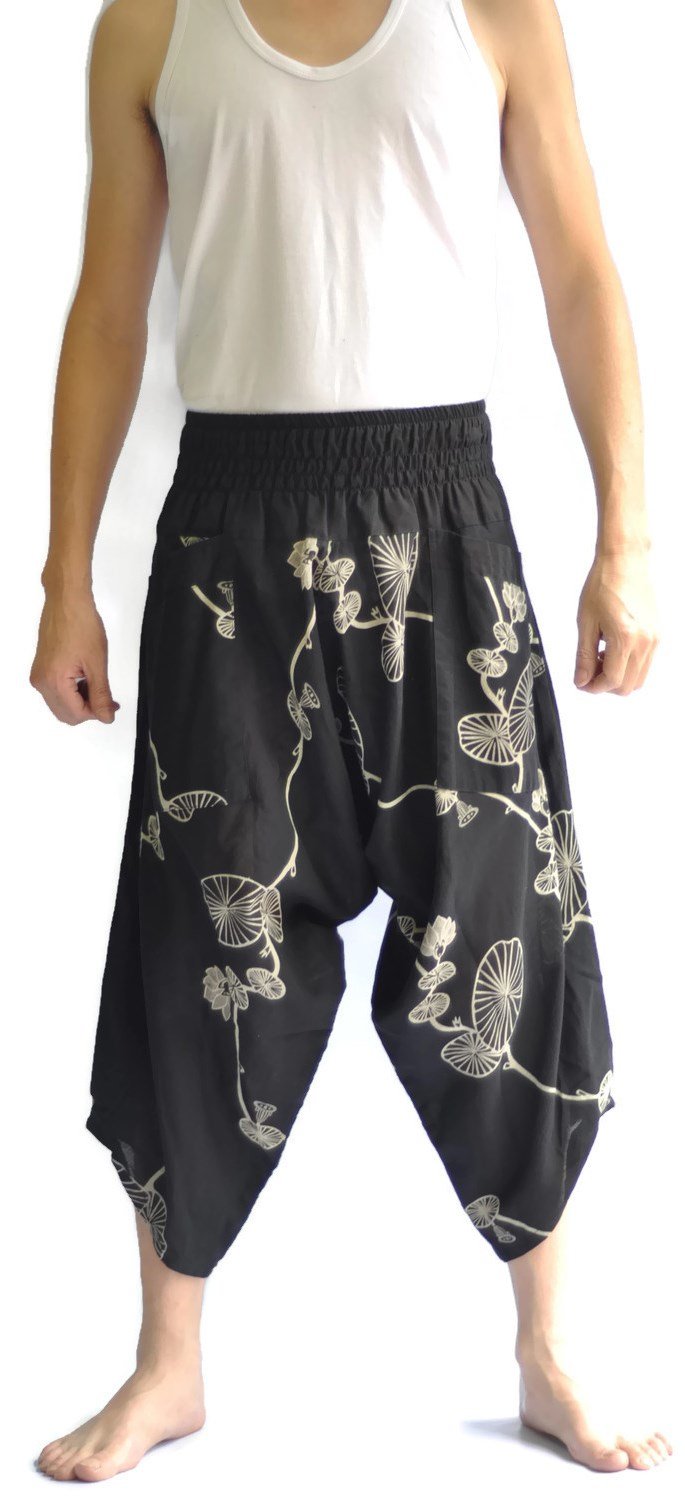 Thai Pants for Men - Japanese Style Elastic Waist Loose Fit Pants (Black & Red) - Perfect for Yoga, Meditation, and Casual Wear