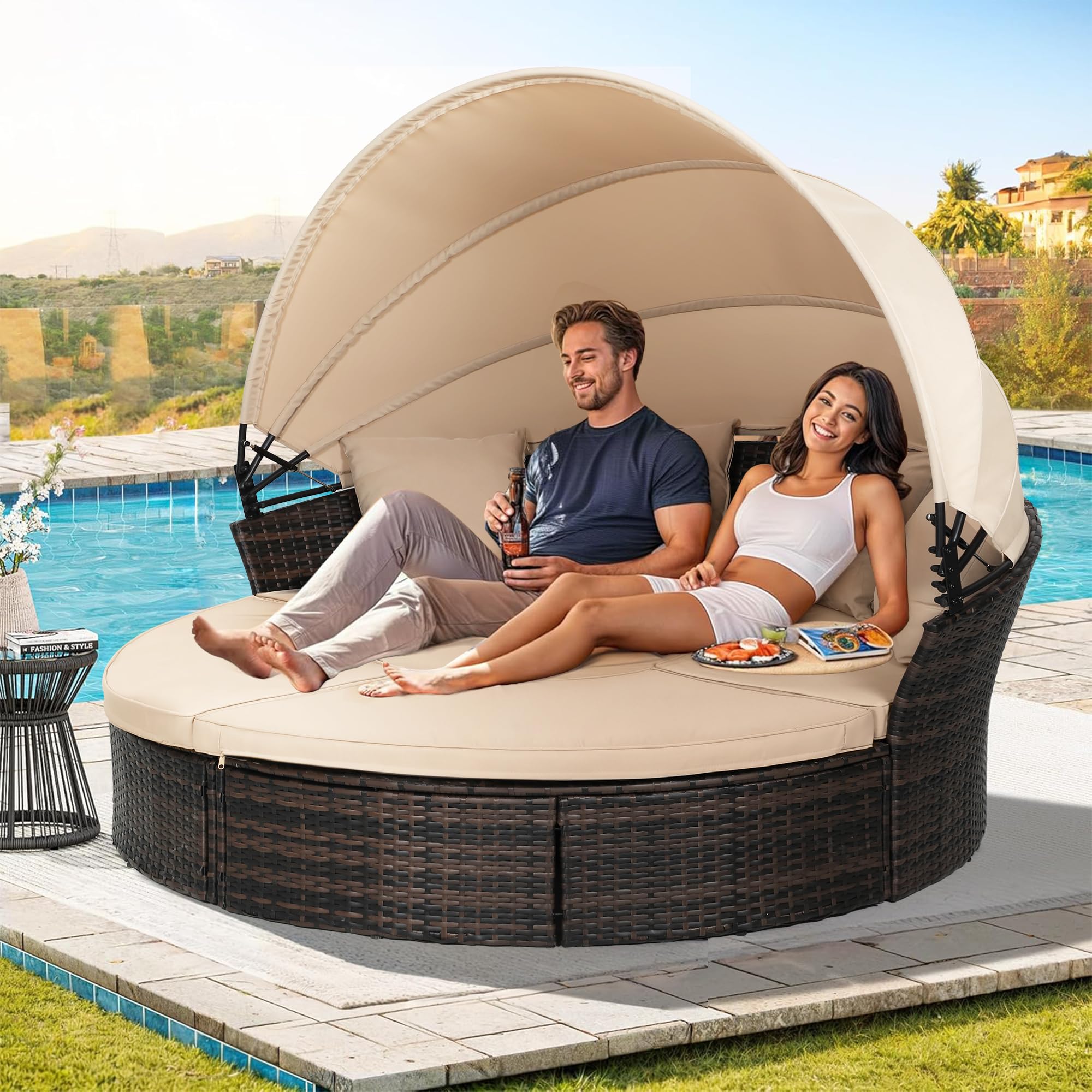Outdoor Patio Round Daybed with Retractable Canopy - Adjustable Clamshell Sectional Wicker Furniture Set with Washable Cushions - Perfect for Backyard, Porch, Garden & Poolside Lounging - Brown