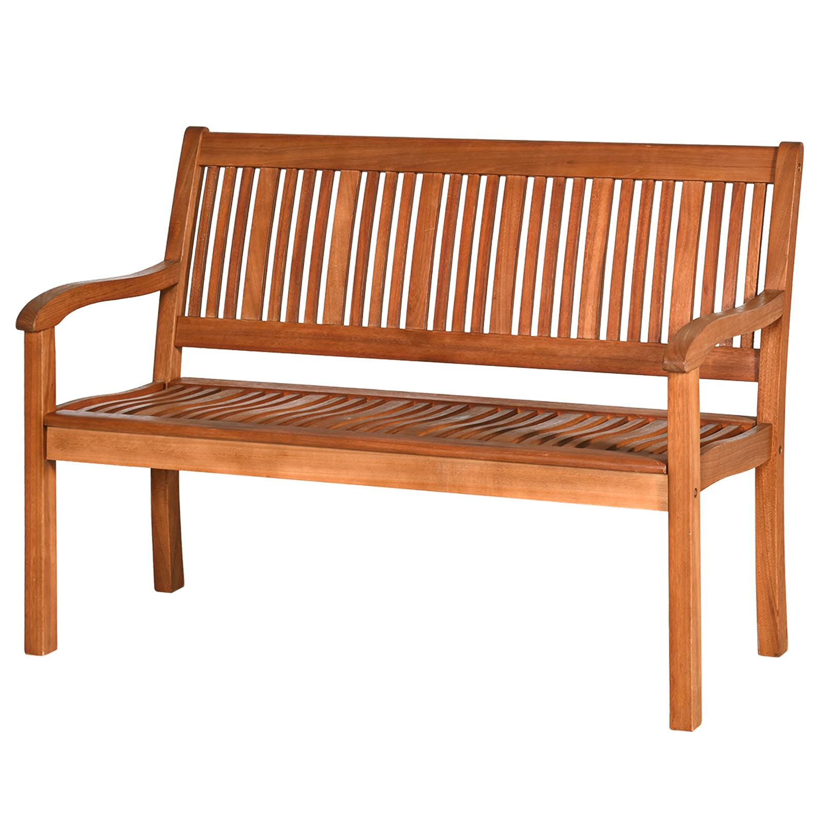 4FT Eucalyptus Wood Outdoor Bench - Teak Finish Patio Loveseat with Armrest & Backrest, Weather-Resistant Slatted Seating for Garden, Deck, Balcony or Poolside Relaxation