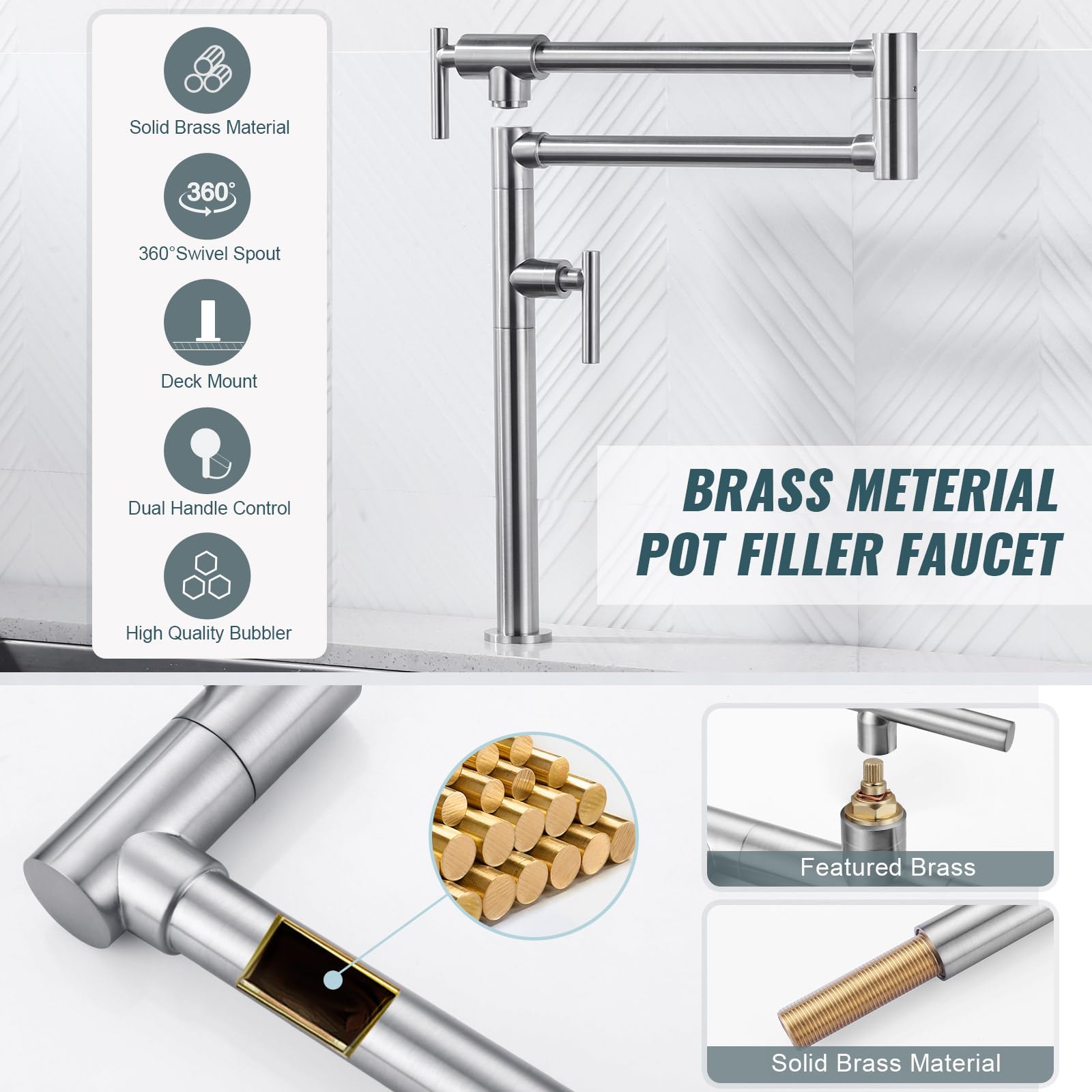 **Brass Deck Mount Pot Filler Faucet for Kitchen Sink - Brushed Nickel Finish, Double Joint Swing Arms - Perfect for Over Stove & High Backsplash Installations**