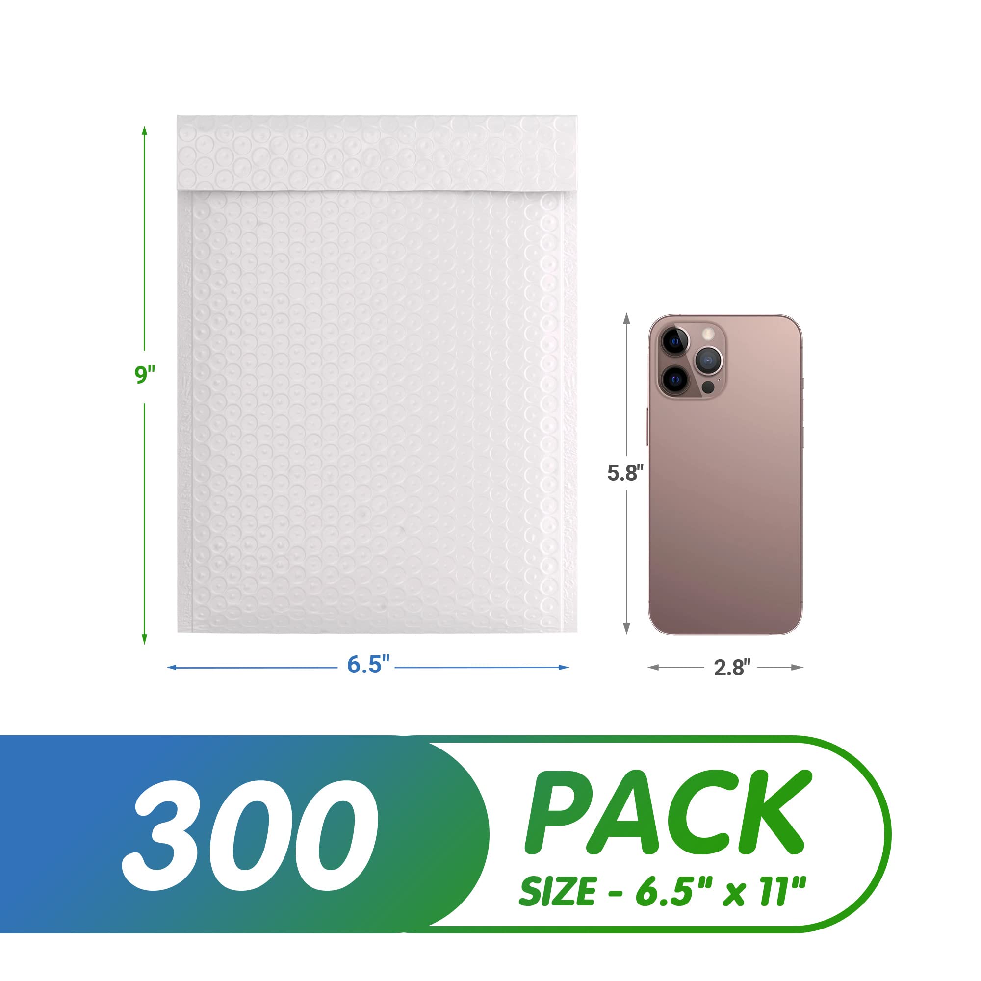 AMZ White Poly Bubble Mailers 6.5 x 9 Inches - Pack of 300 Padded Envelopes with Peel & Seal for Mailing, Shipping & Packaging | Perfect for Ecommerce, Small Business & Online Sellers