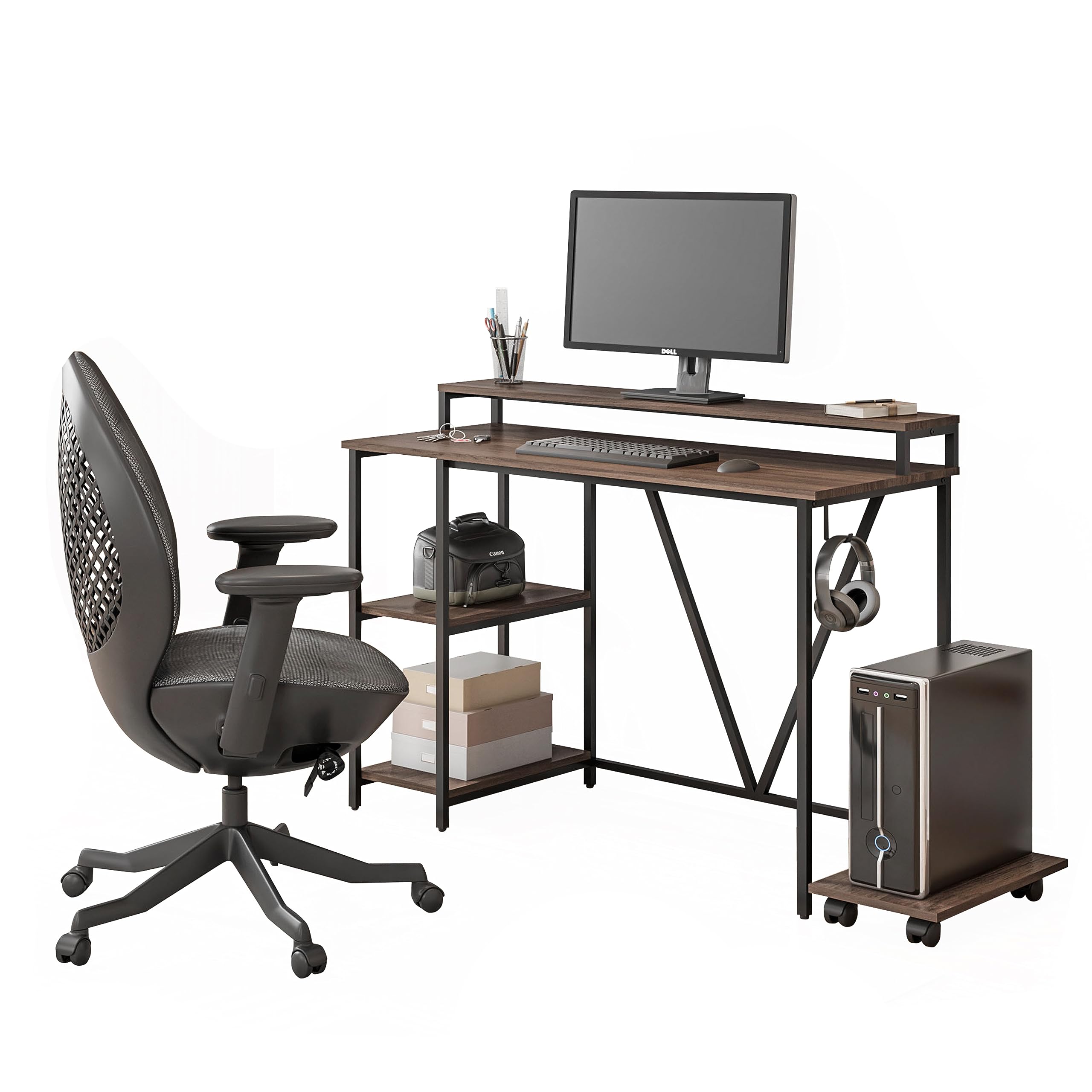 Techni Mobili Industrial Walnut Computer Desk with Storage Shelves, Monitor Stand, CPU Caddy & 2-Tier Bookshelf - Perfect Home Office Laptop Table for Small Spaces & Modern Workstations