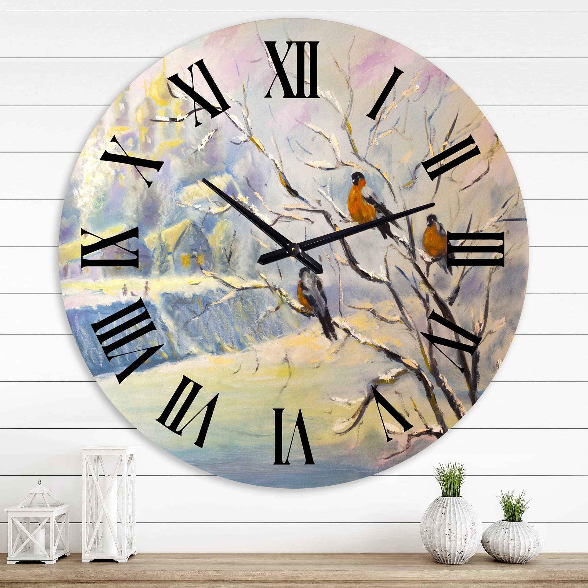 Farmhouse Wall Clock - Rustic Birds on a Tree in Winter Village Design, Large Decorative Clock for Kitchen, Living Room, Bedroom & Office | Perfect for Home Décor & Gift Giving