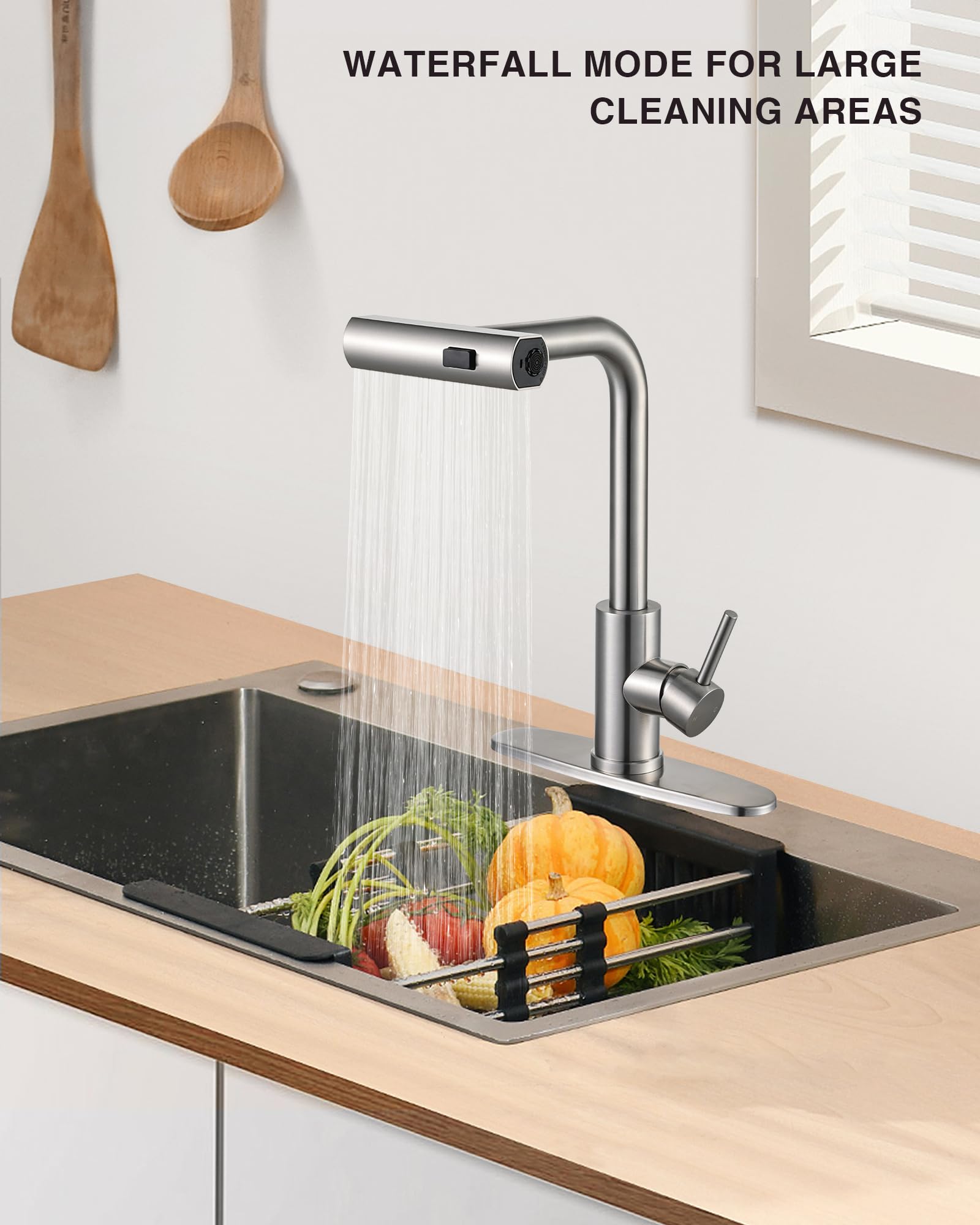 Peppermint Waterfall Kitchen Faucet with Pull Down Sprayer - Single Handle Stainless Steel Sink Faucet - 3 Function Brushed Nickel RV Faucet for Kitchen & RV Use - Perfect for Modern Homes & Campers
