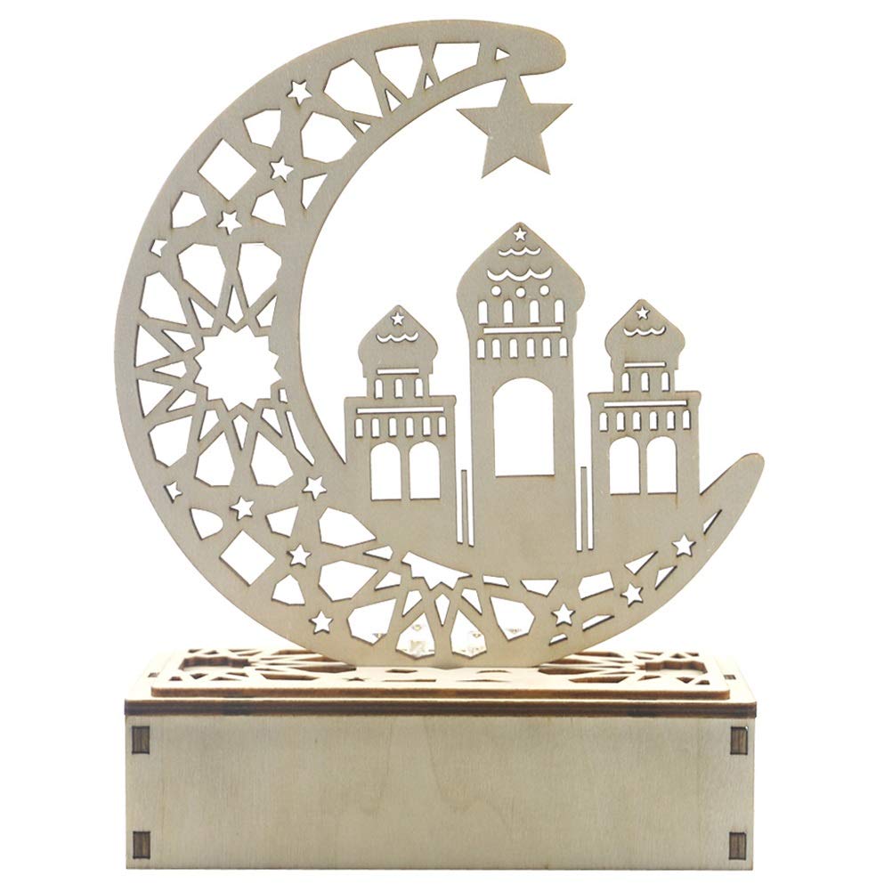 Ramadan LED Moon Star Night Light - Wooden Moon Shape Table Lamp for Eid Decorations, Muslim Home Party & Festival Desktop Decoration | Perfect for Ramadan Nights, Bedroom Ambiance & Gift Giving