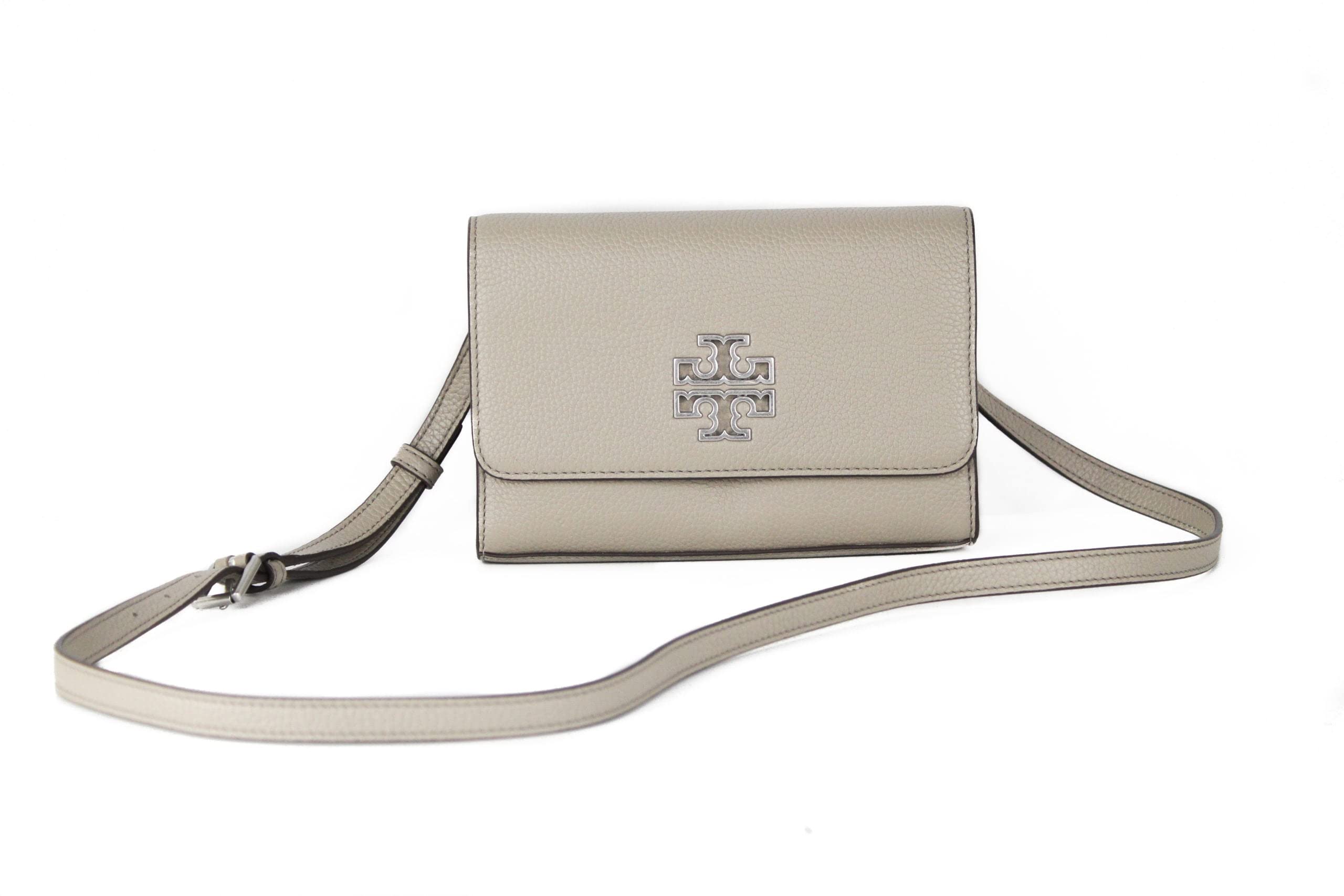 Tory Burch Women's Britten Small Gray Leather Shoulder Bag & Clutch Combo - Perfect for Work, Evening Events & Travel Accessories