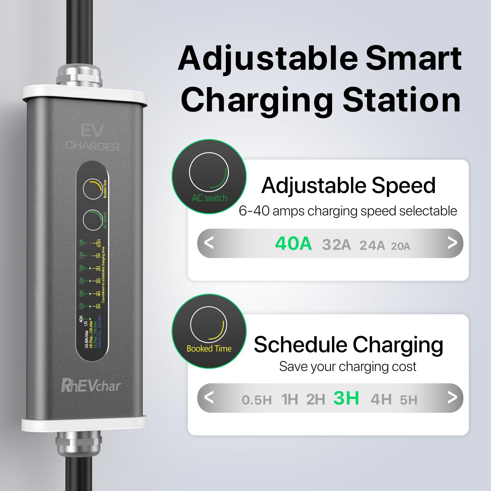 40A 9.6KW Level 2 EV Charger with 25Ft Cable & J1772 Connector - 14-50 Plug, Smart Charging Timer for All Electric Vehicles - Perfect for Home, Garage and Workplace Charging Stations