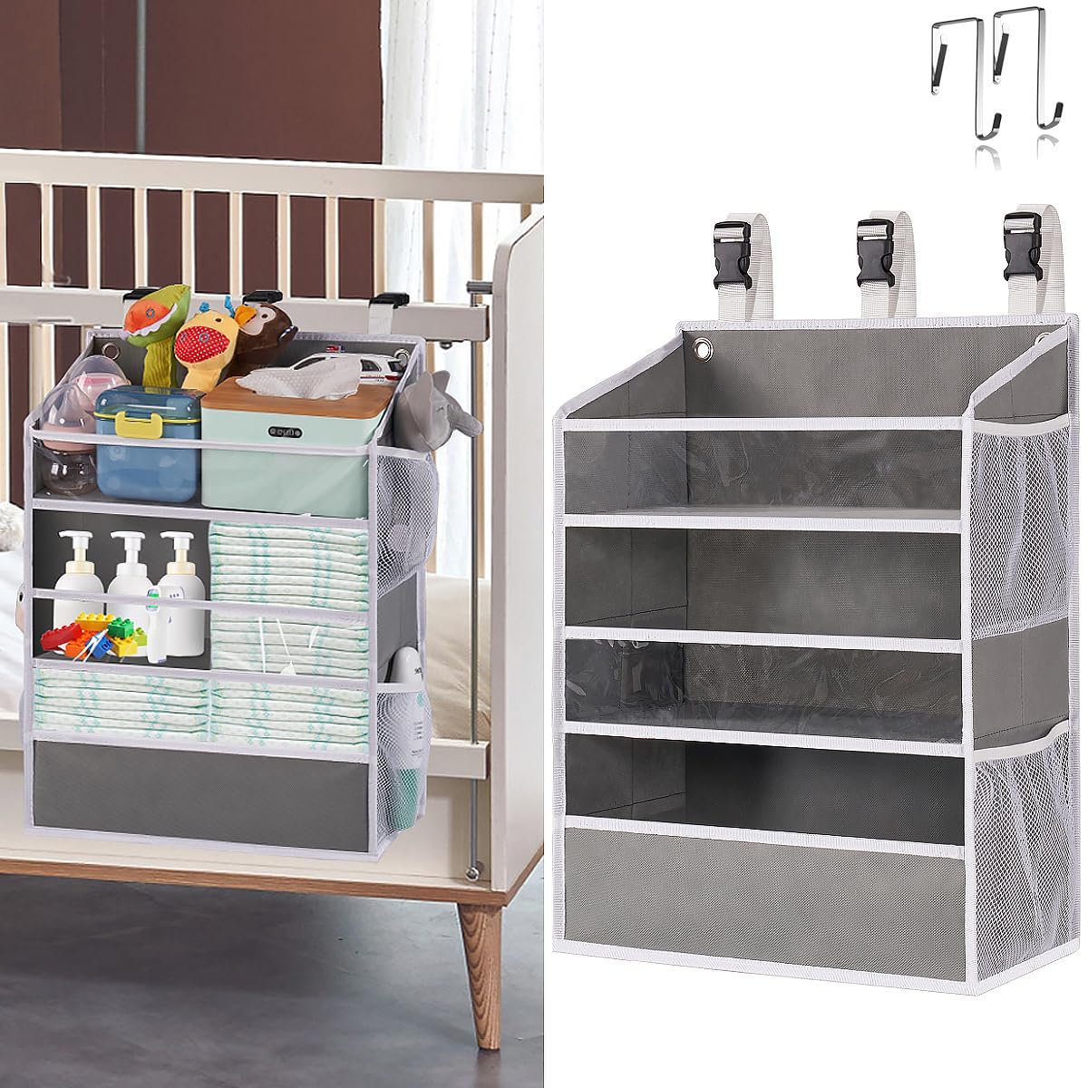 WishJazz Hanging Diaper Caddy Organizer - Baby Diaper Storage for Nursery, Changing Table & Playpen - Holds 90+ Diapers, Wipes & Essentials - Perfect for Newborn Care & Nursery Organization (Gray)