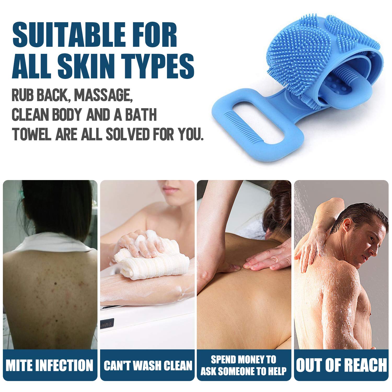 Exfoliating Silicone Bath Body Brush - Double-Sided Shower Brush with Handle for Deep Cleansing & Massage | Easy Foaming Back Scrubber for Men & Women | Perfect for Exfoliation, Dry Brushing & Spa Days (Multicolor)