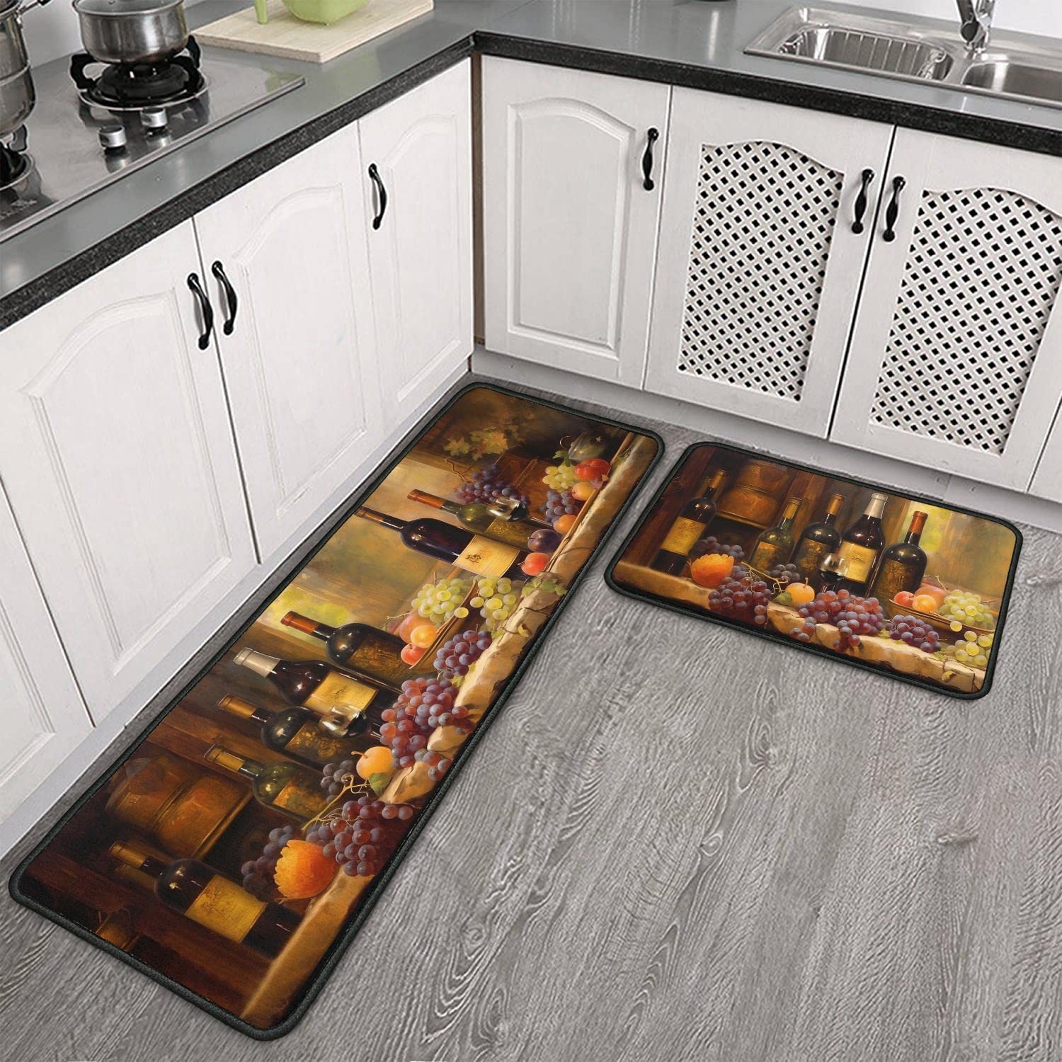 Premium 3D Wine-Themed Kitchen Rugs Set of 2 - Non-Slip Washable Runner Mats 17