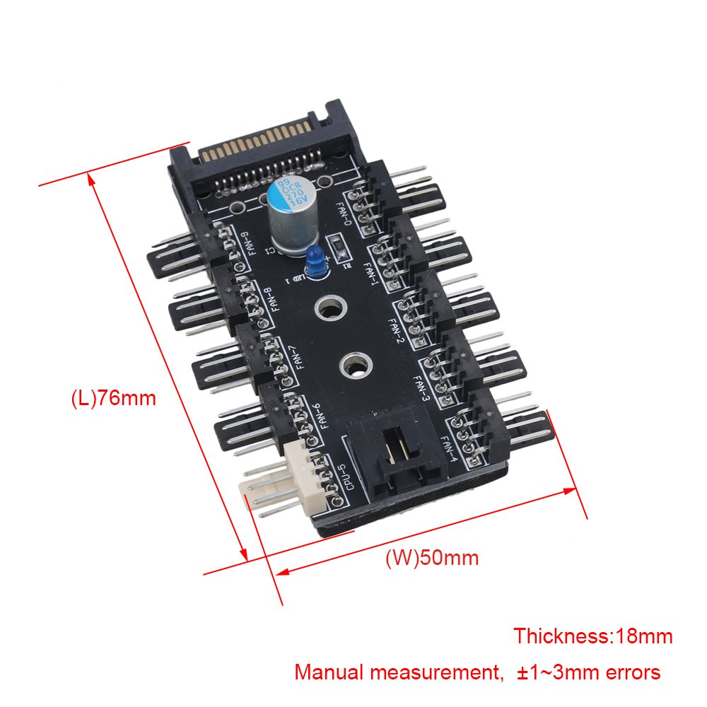 RDEXP 7.6x5x1.8cm Black SATA 10-Port PWM Fan Hub Controller - 12V 3Pin/4Pin PC Case CPU Cooling Fan Splitter for Gaming PC, Workstation, and Server Cooling Systems