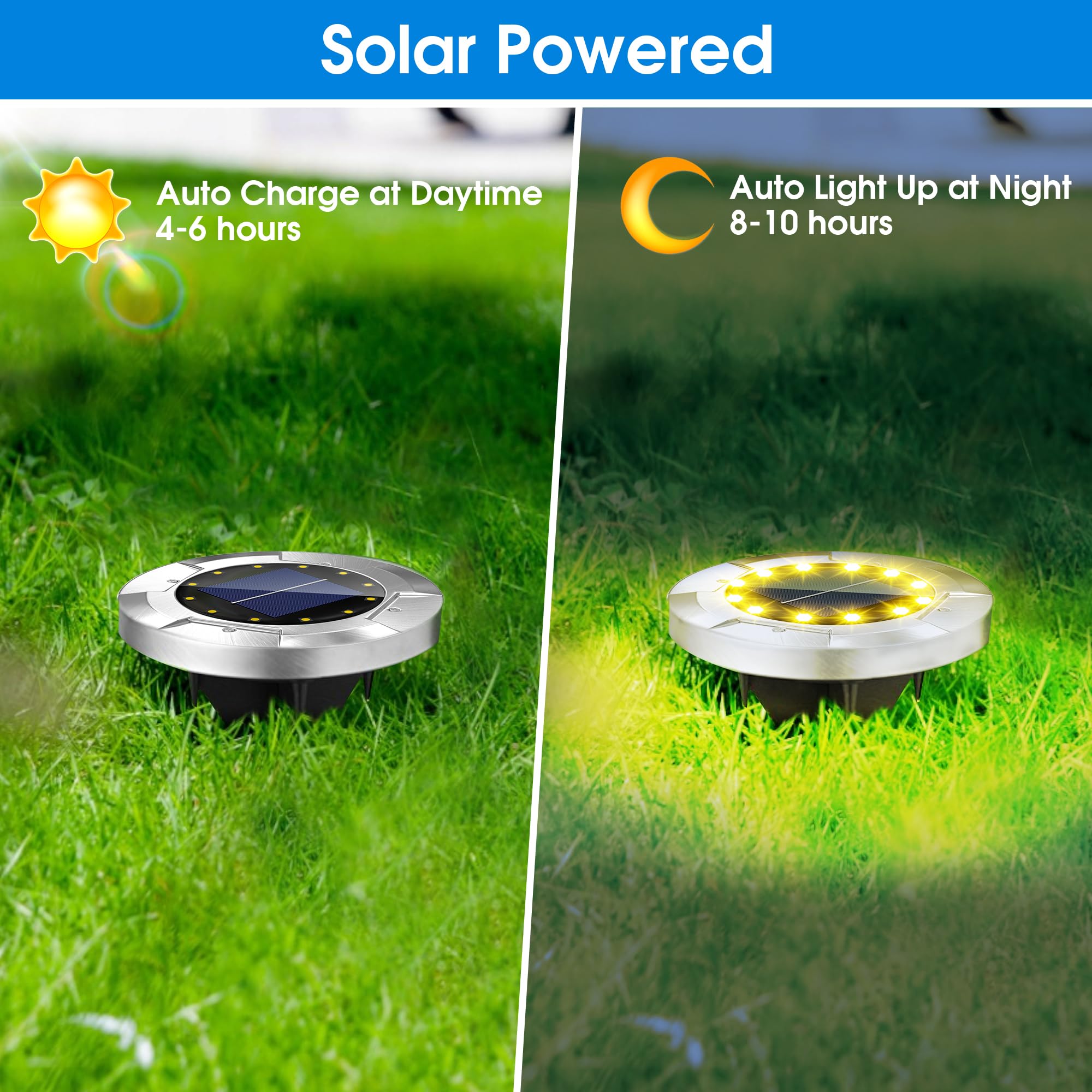 12 Pack Solar Ground Lights Outdoor - 12 LEDs Waterproof Landscape Lighting for Garden, Yard, Walkway, Driveway | Warm White | Long-Lasting Bright Solar Pathway Lights for Patio, Deck & Lawn Decoration