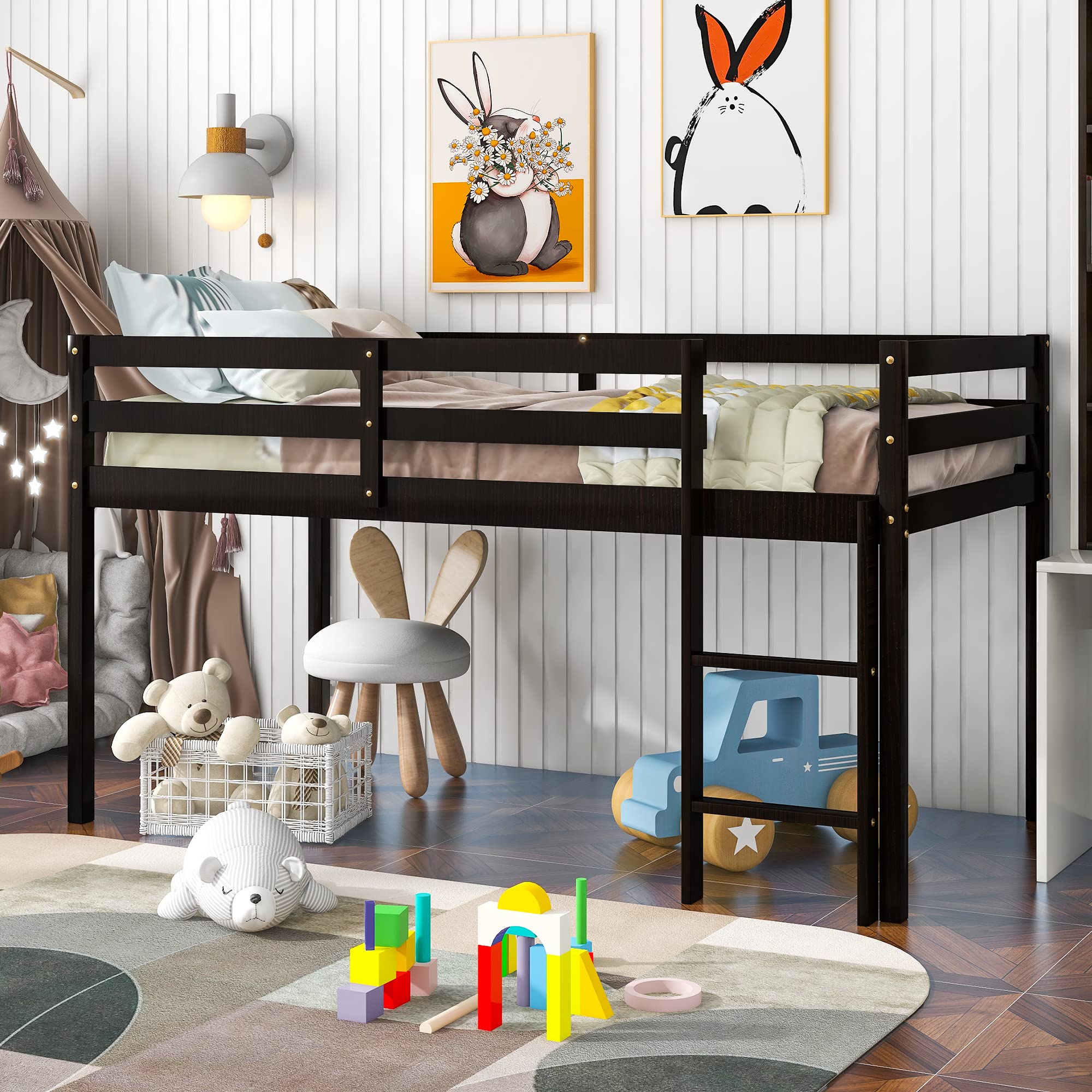 Solid Wood Twin Loft Bed with Ladder & Guard Rail - Sturdy Low Bunk Bed Frame for Kids & Teens - No Box Spring Needed - Easy Assembly (Espresso) - Perfect for Small Bedrooms, Dorms & Space-Saving Kids' Rooms
