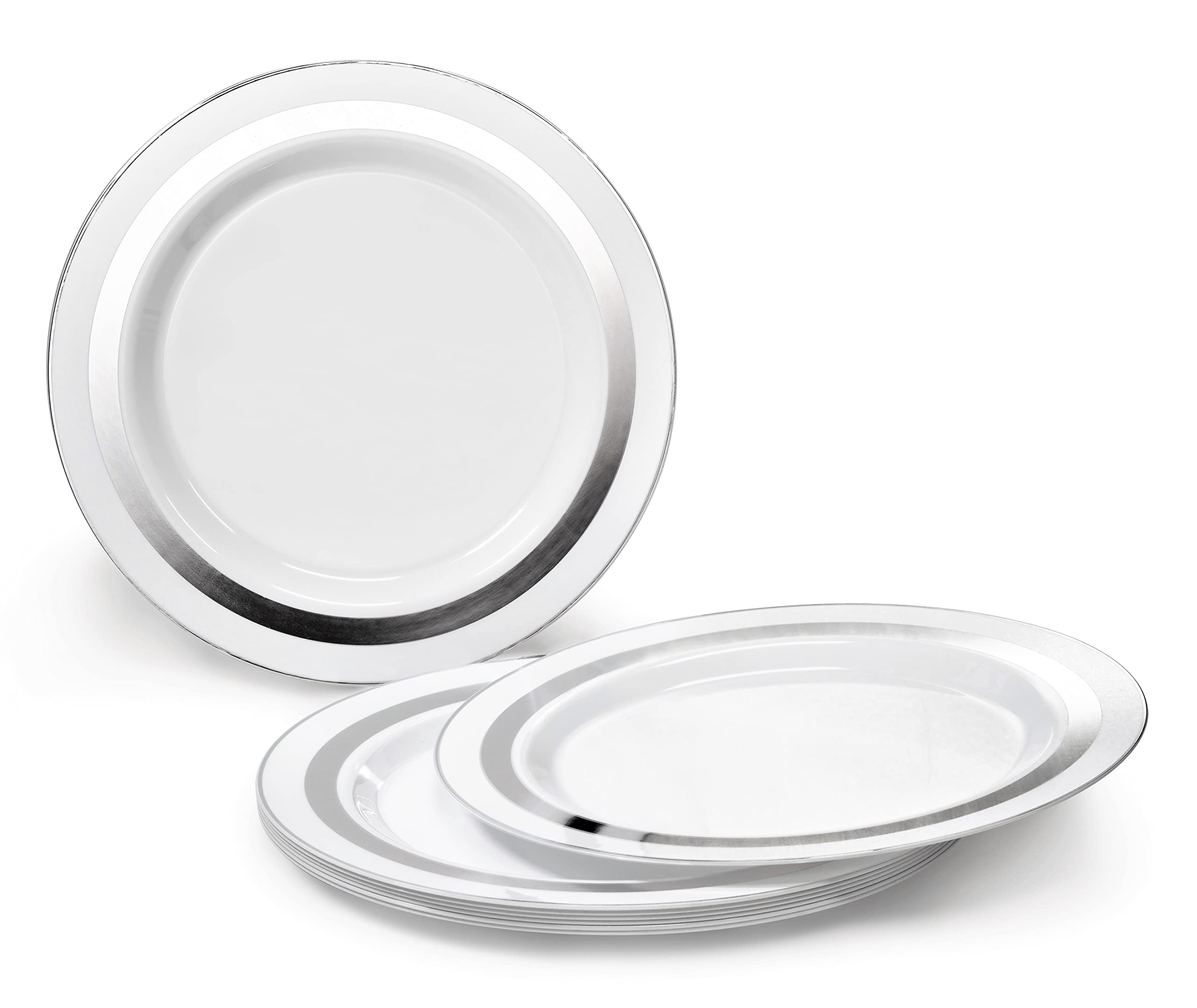 40-Pack Heavyweight Disposable Plastic Plates for Weddings & Parties - 10.5'' Dinner Plates in Elegant Soleil White & Silver - Perfect for Bridal Showers, Birthday Celebrations & Catering Events