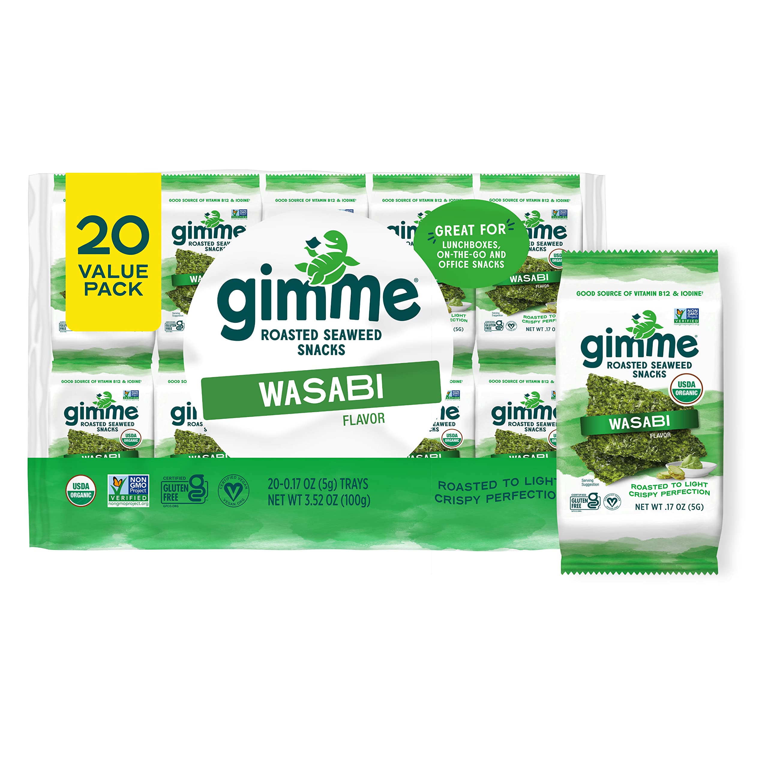 Organic Roasted Seaweed Snacks with Wasabi - 20 Count, Keto, Vegan, Gluten-Free, Rich in Omega-3 & Iodine | Healthy On-The-Go Snack for Kids & Adults | Perfect for Lunchboxes, Office Snacks & Travel