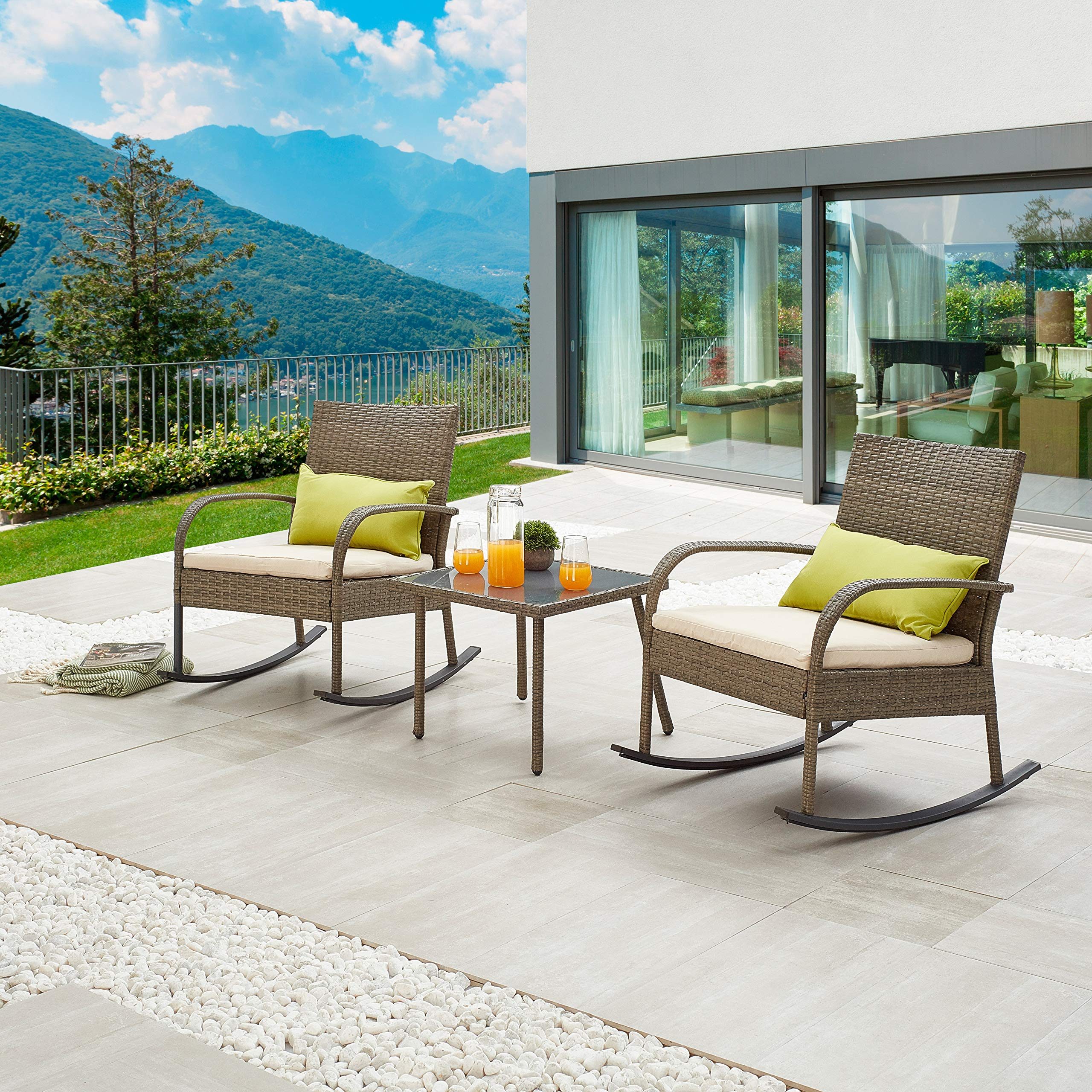 LOKATSE HOME 3-Piece Outdoor Rattan Patio Furniture Set - Modern Wicker Rocking Chair with Cushion & Coffee Table - Green Bistro Conversation Set for Garden, Porch, and Backyard Relaxation