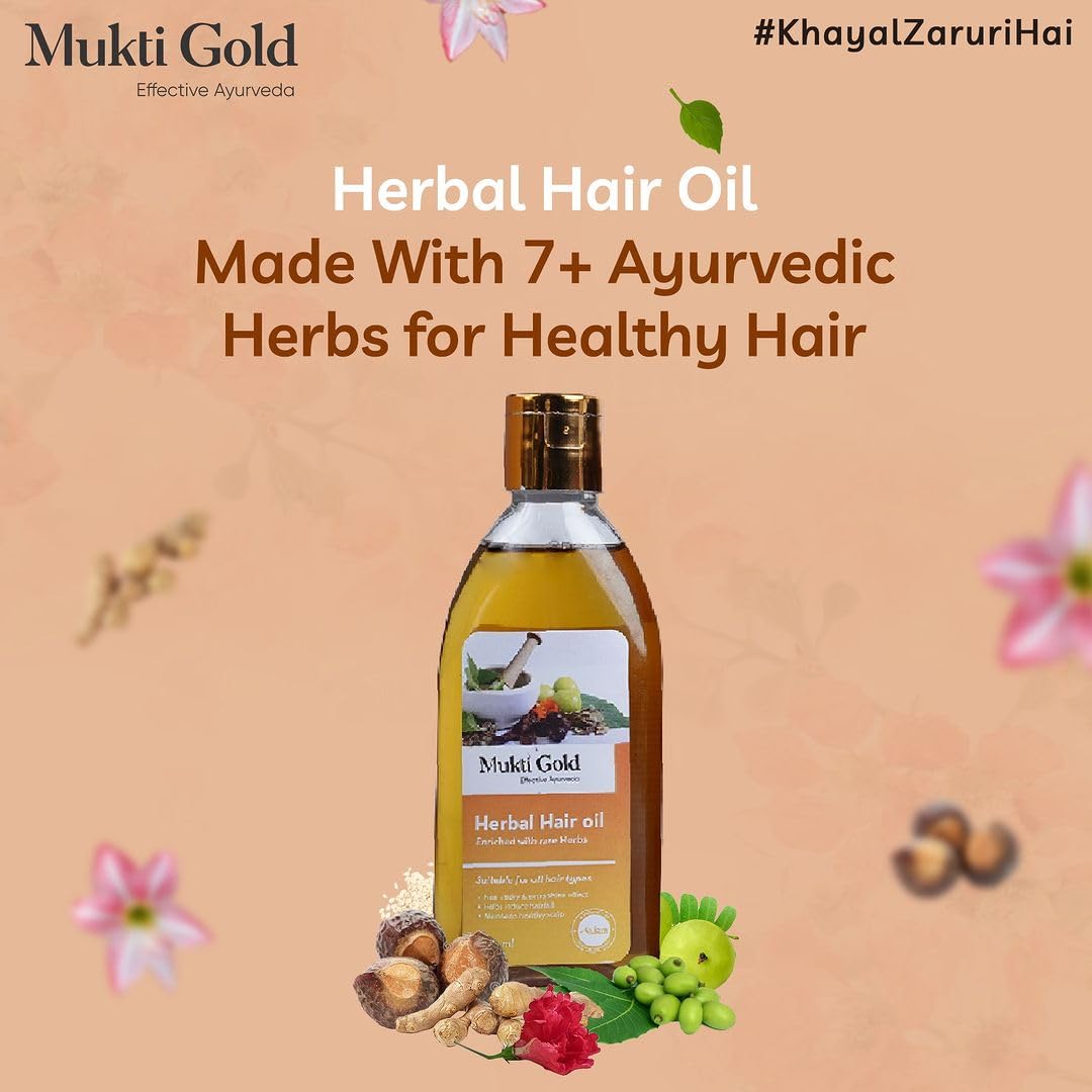 Axiom Mukti Gold Herbal Hair Oil - 200mL | Natural Hair Growth Treatment for Hair Loss & Dandruff Control | Enriched with Almond, Rose, Neem & Lemon Extracts | 100% Organic Ayurvedic Hair Care | Certified Safe | Perfect for Daily Scalp Massage & Damaged Hair Repair
