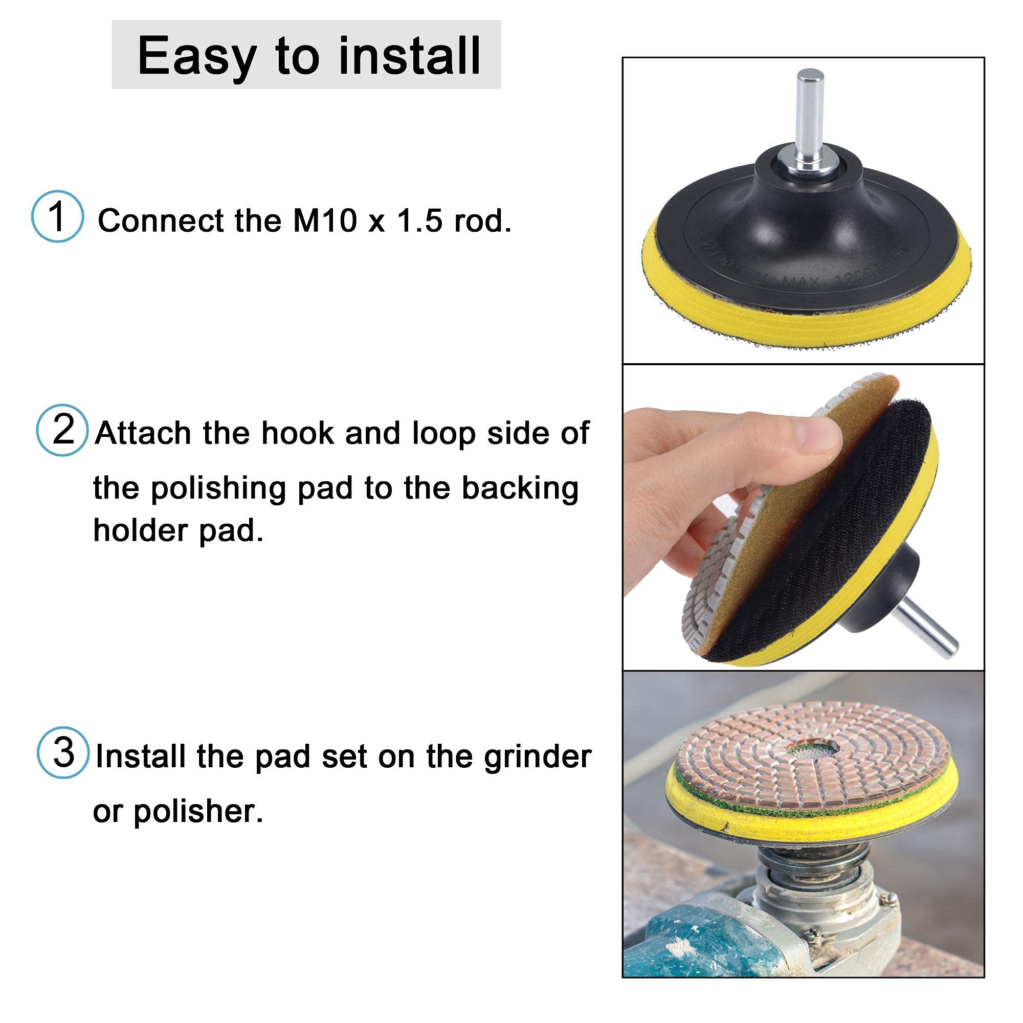 4 Inch 8000 Grit Diamond Wet Polishing Pad Set for Stone, Concrete & Marble - M10 Hook & Loop Backing with Connecting Rod - Perfect for Grinders, Polishers & Professional Stone Restoration Projects