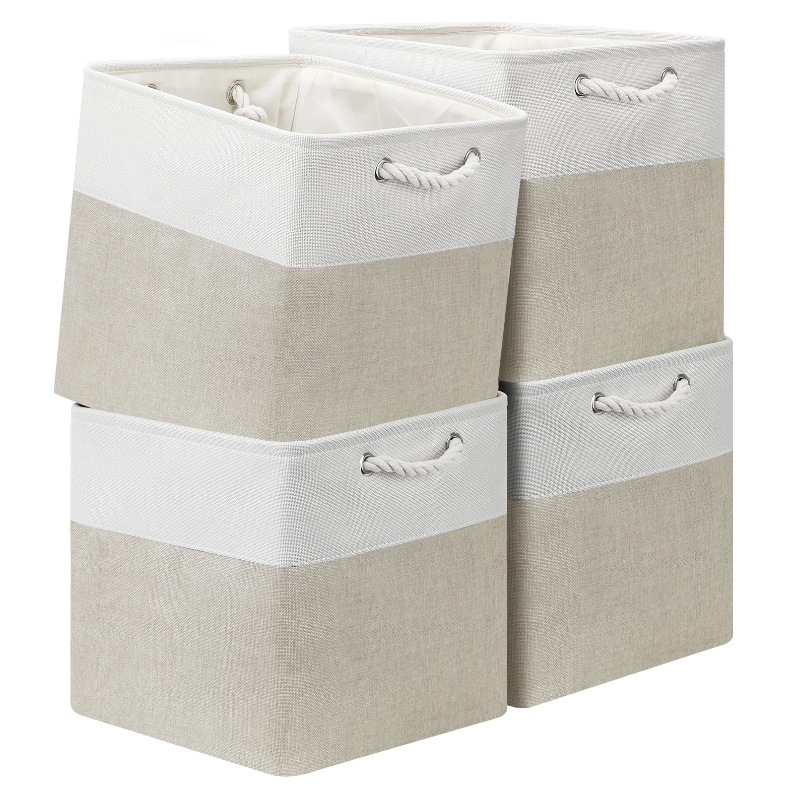 Posprica 13x13 Inch Collapsible Fabric Storage Cubes with Cotton Rope Handles - Set of 4 Decorative Organizer Bins for Closet, Shelves, Nursery & Toy Storage (White/Coffee) | Perfect for Home Organization & Kids Room Decor