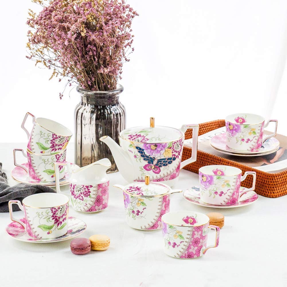 15-Piece Painted Butterfly Bone China Tea & Coffee Set - 6 Cups, 6 Saucers, Sugar Bowl, Coffee Pot & Milk Jug | Elegant Wedding Gift, Home Decor & Afternoon Tea Service