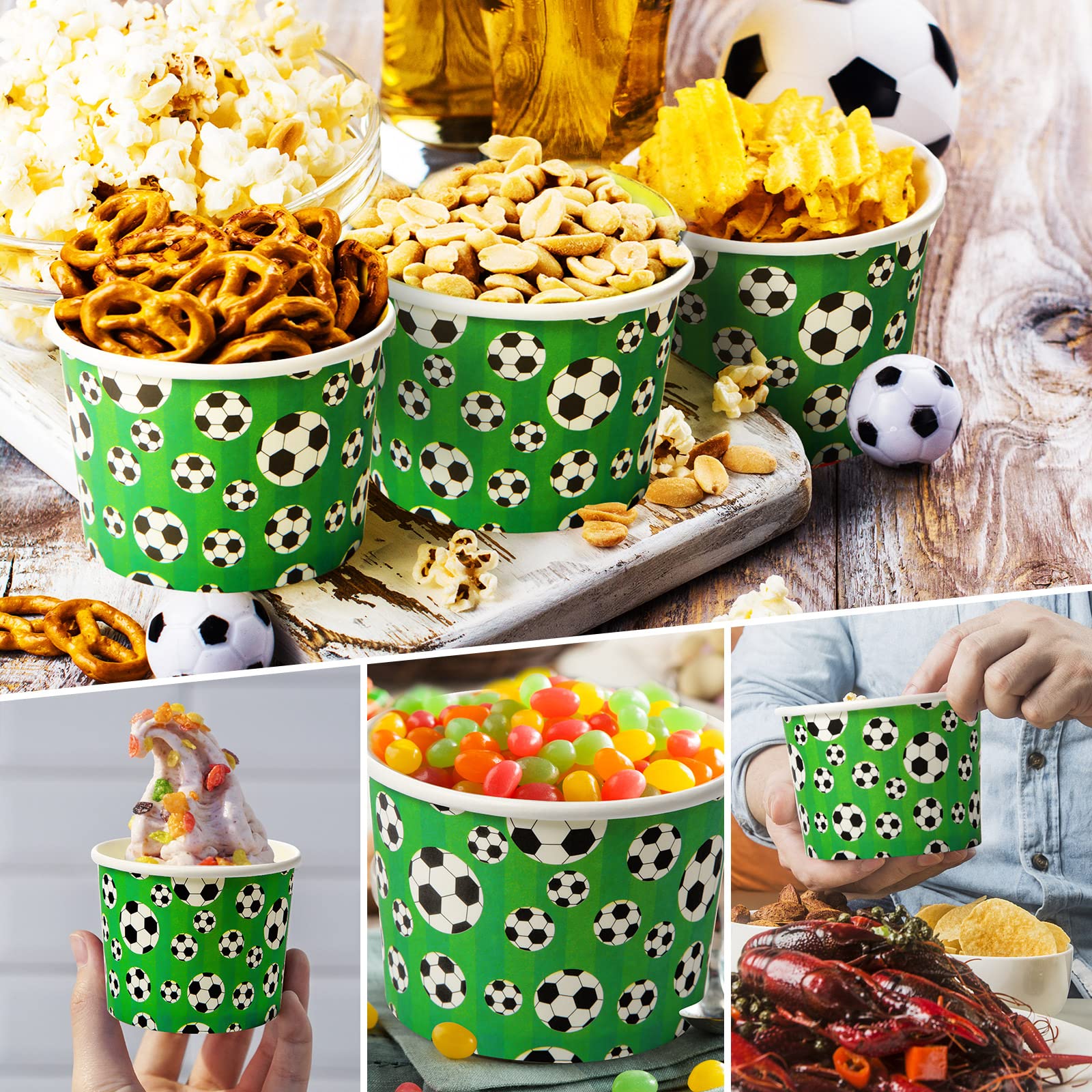 50 Pack 9 oz Disposable Paper Cups - Sports Party Snack Bowls for Ice Cream, Desserts, Soup, Hot & Cold Food - Eco-Friendly & Leak-Proof - Perfect for Birthday Parties, Picnics, BBQs (Soccer Design)