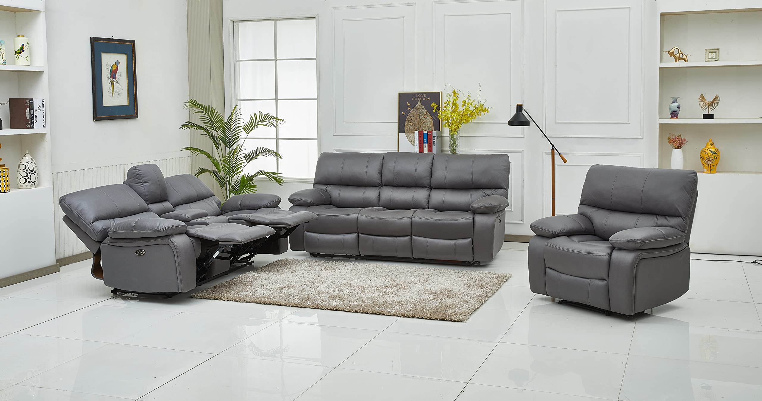 Betsy Furniture Microfiber Power Reclining Sofa Set - 3-Piece Living Room Set with Power Sofa, Loveseat & Chair (Grey) - Perfect for Home Theater, Family Rooms & Relaxation