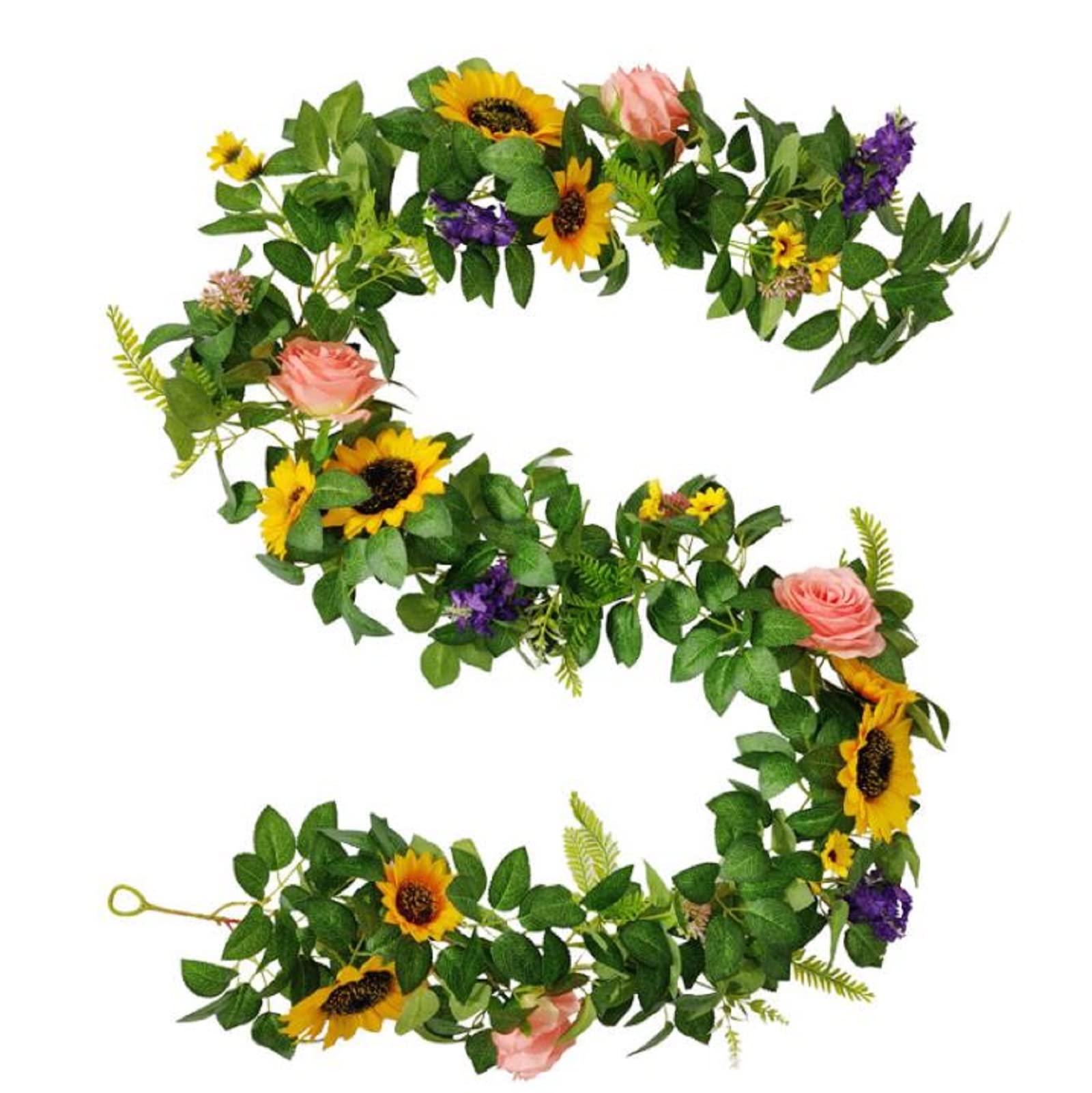 Artificial Silk Sunflower Garland with Eucalyptus Vine & Rose Flowers Wreath - 1.9m Green Leaves Wedding Party Table Decor for Home, Garden, and Event Centerpieces