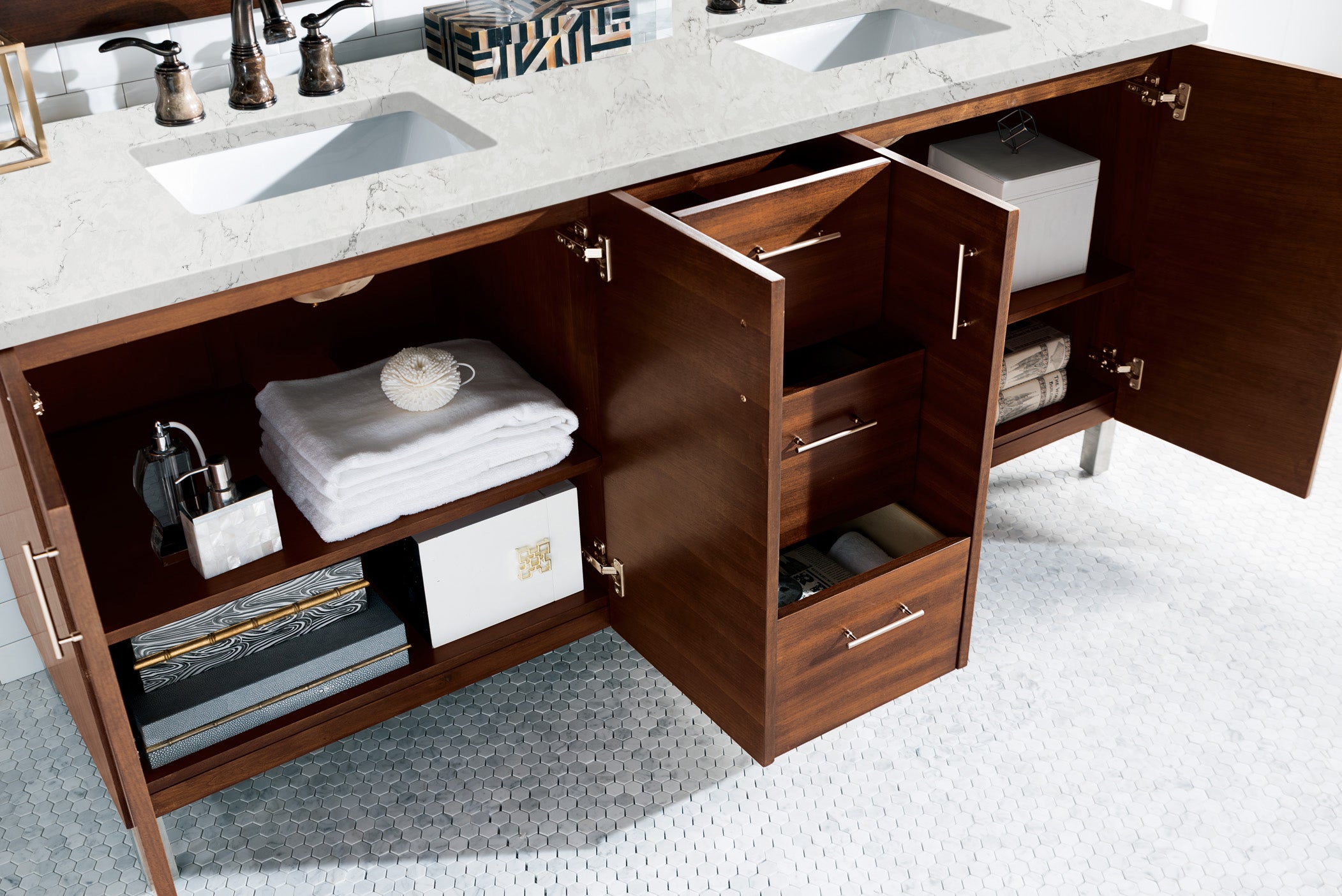 72 Inch Double Bathroom Vanity with American Walnut Base & 3CM Eternal Jasmine Pearl Quartz Countertop - Perfect for Master Bathroom Renovation & Luxury Home Decor