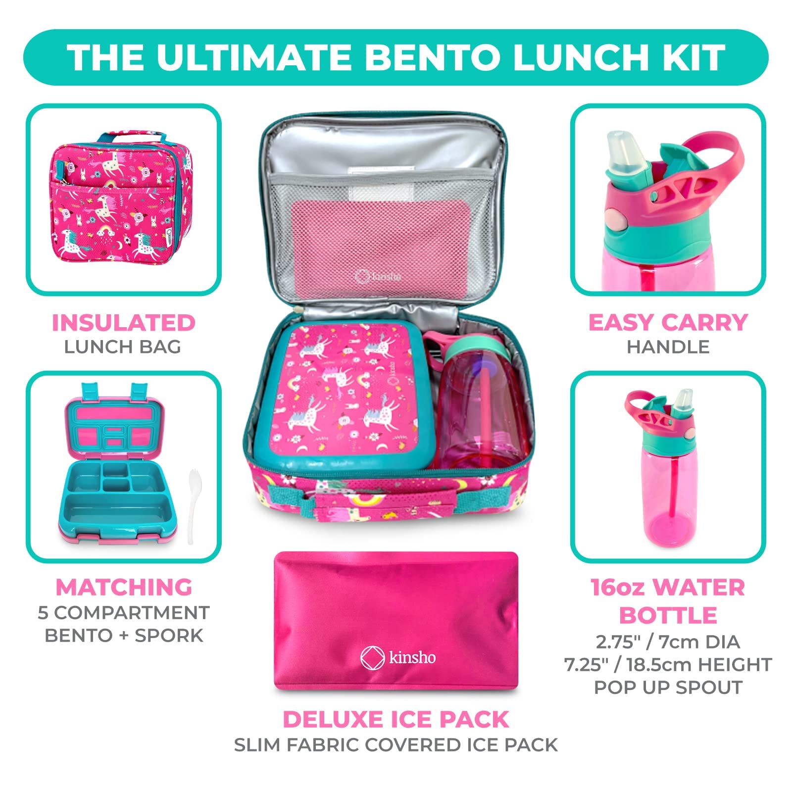 Insulated Bento Lunch Box for Kids with 5 Compartments, BPA-Free Removable Tray & Ice Pack - Unicorn Design for School, Daycare & Travel | Includes Water Bottle & Snack Container | Perfect for Preschoolers & Toddlers