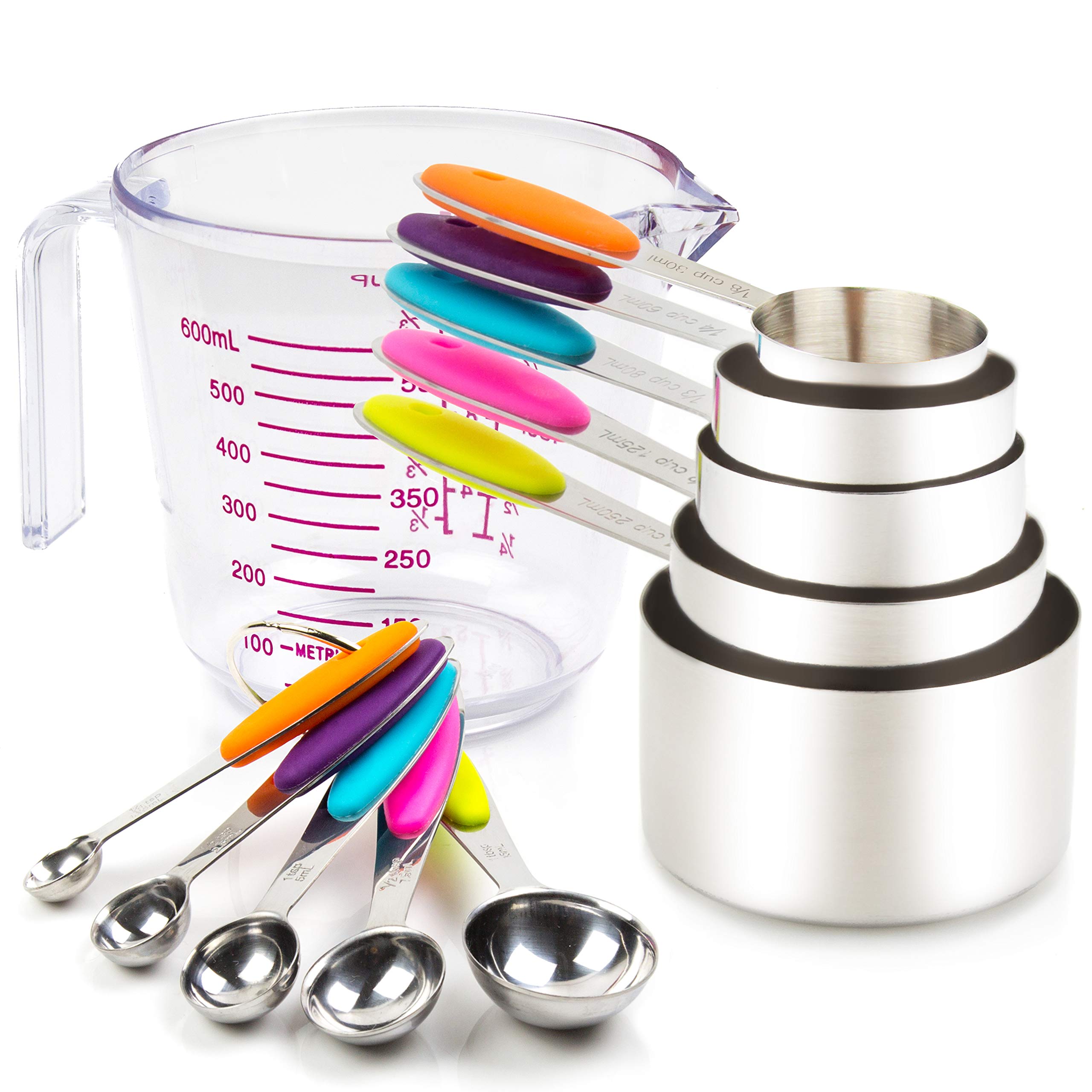 11-Piece Stainless Steel Measuring Cups and Spoons Set - Includes 10 Metal Measuring Tools & 1 Plastic Cup for Liquid & Dry Ingredients - Perfect for Baking, Cooking & Meal Prep