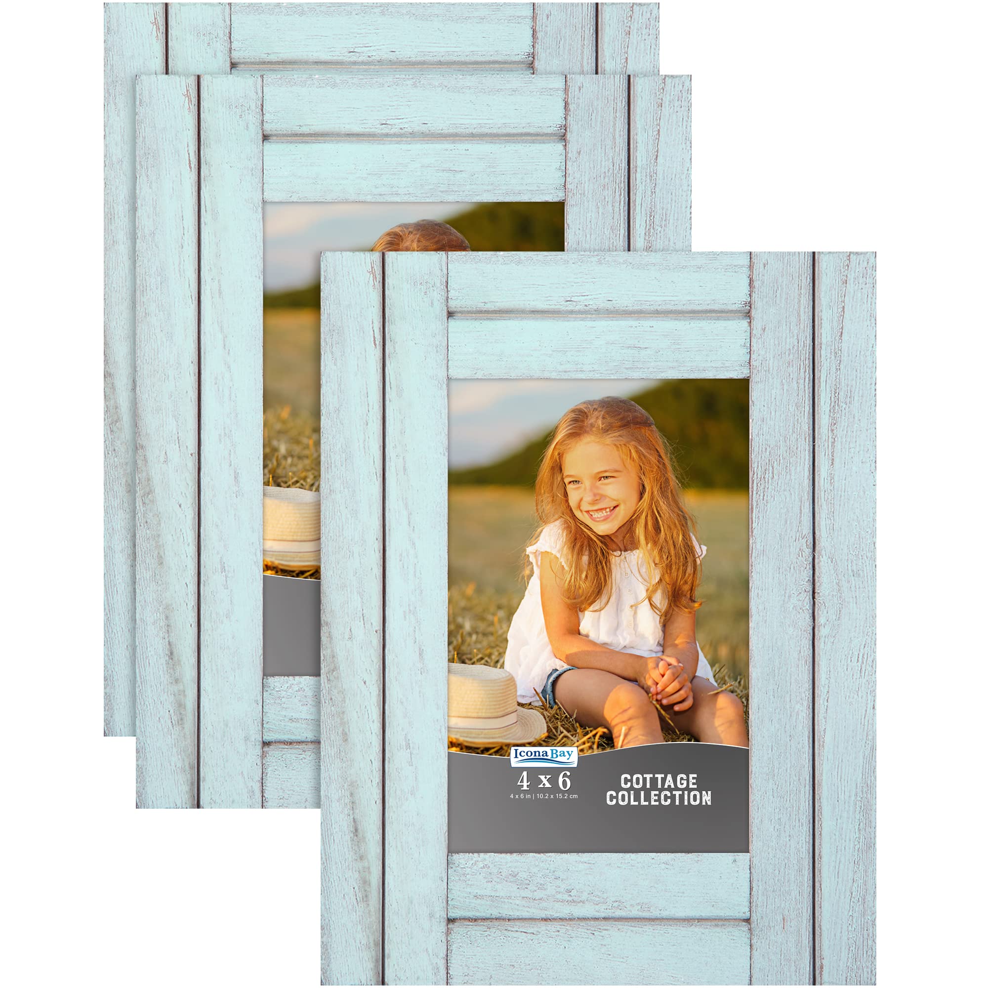 Icona Bay 4x6 (10x15 cm) Picture Frames - Set of 3 Rustic Wood Frames in Eggshell Blue, Cottage Style Wall Photo Frames for Home Decor, Living Room, Bedroom & Office Display