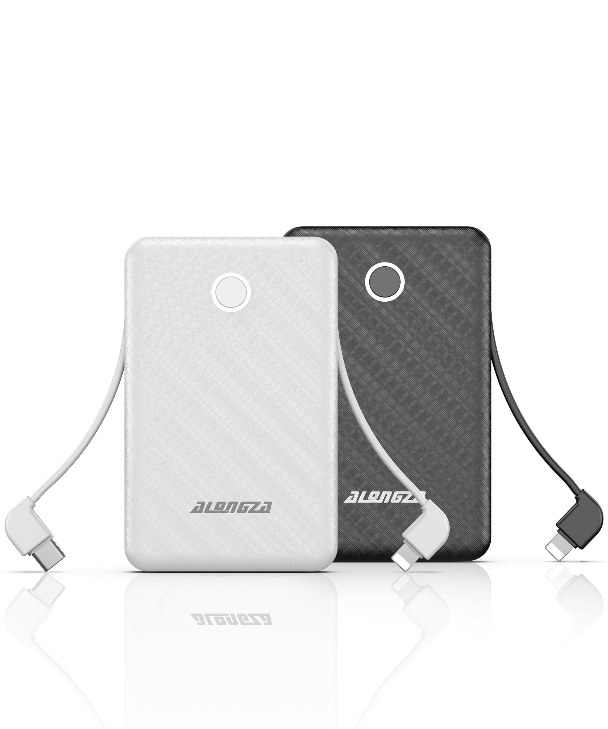Alongza 6000mAh Ultra Slim Portable Charger with Built-in Cable - Compact Power Bank for iPhone, Samsung & Android Phones - Perfect for Travel, Camping & Emergency Backup (2 Pack, Black & White)