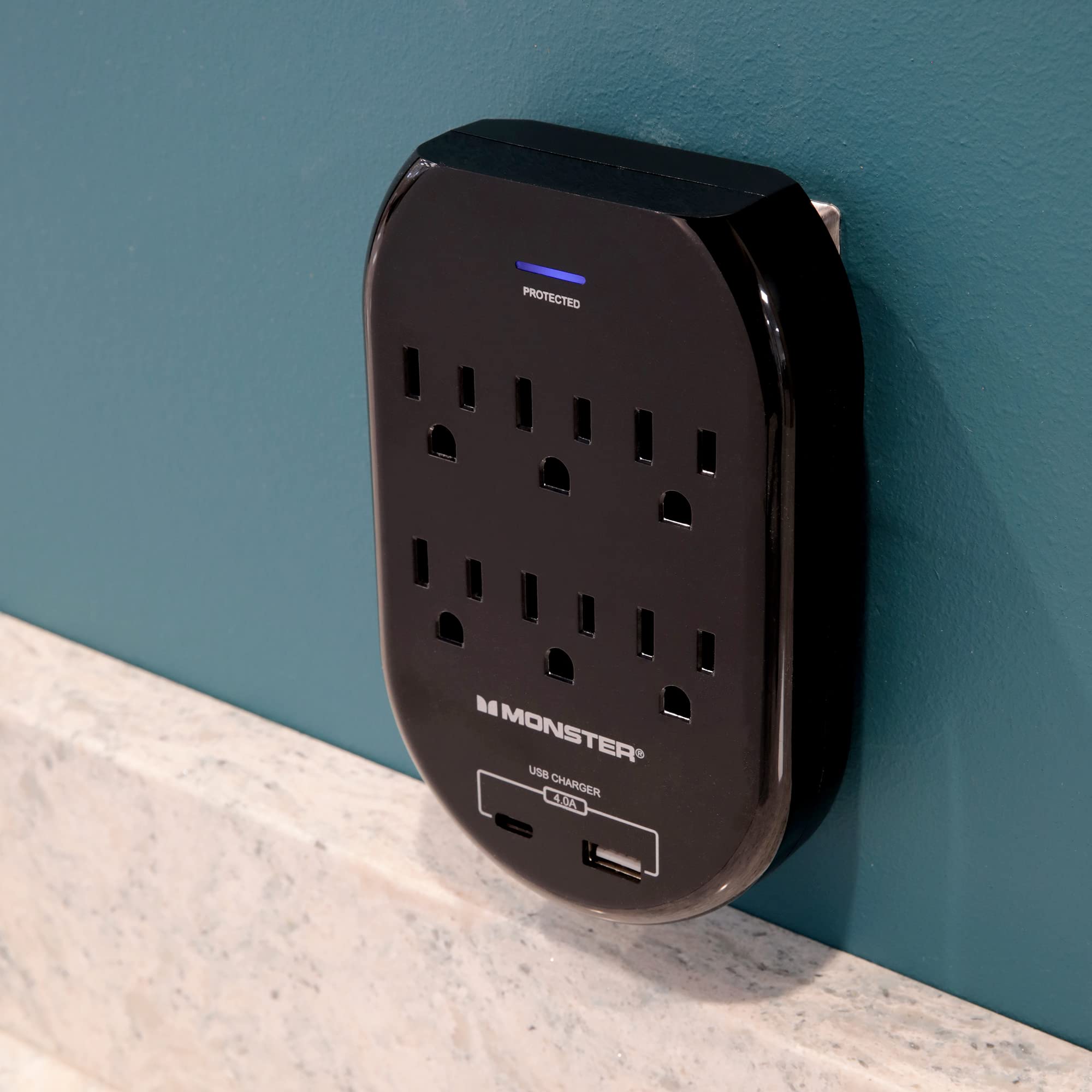 Monster 6-Outlet Wall Tap with 2 USB-A & 2 USB-C Ports - Space Saving Power Strip for Home Office, Bedroom, Kitchen & Travel