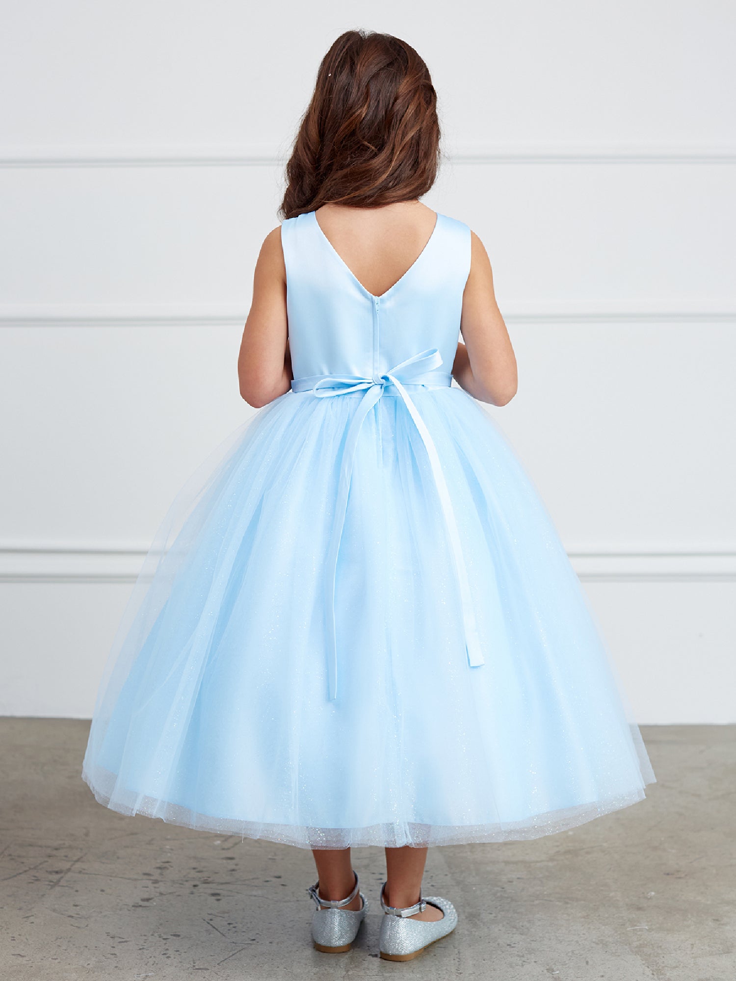 Sky Blue Illusion Neckline Lace Appliques Junior Bridesmaid Dress for Big Girls Size 8-18 | Perfect for Weddings, Prom, and Formal Occasions
